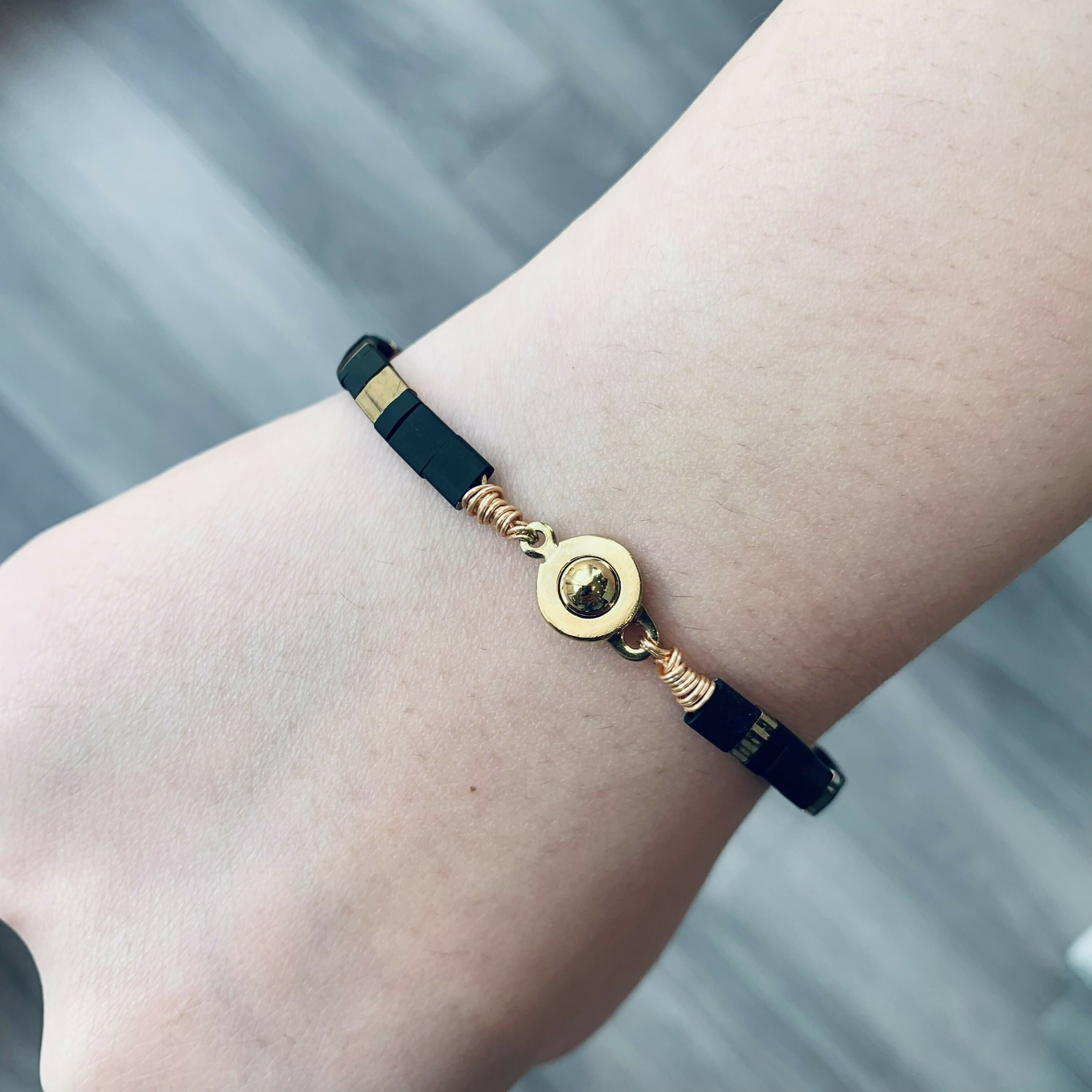 Japanese Tila Glass Bead Bracelet - Matte Black & Gold