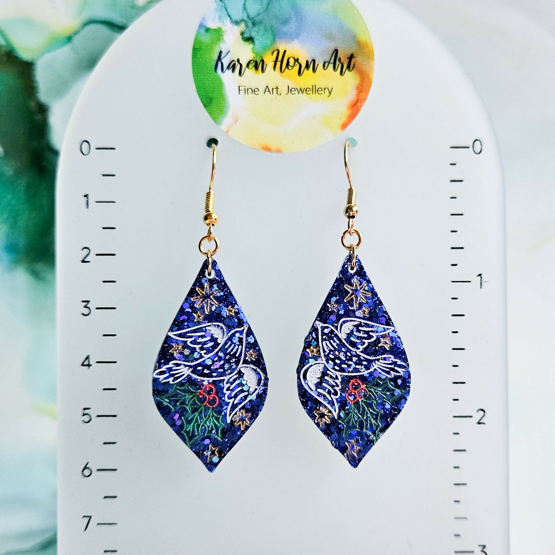 Handmade Blue Glitter Teardrop Doves And Holly Christmas Earrings