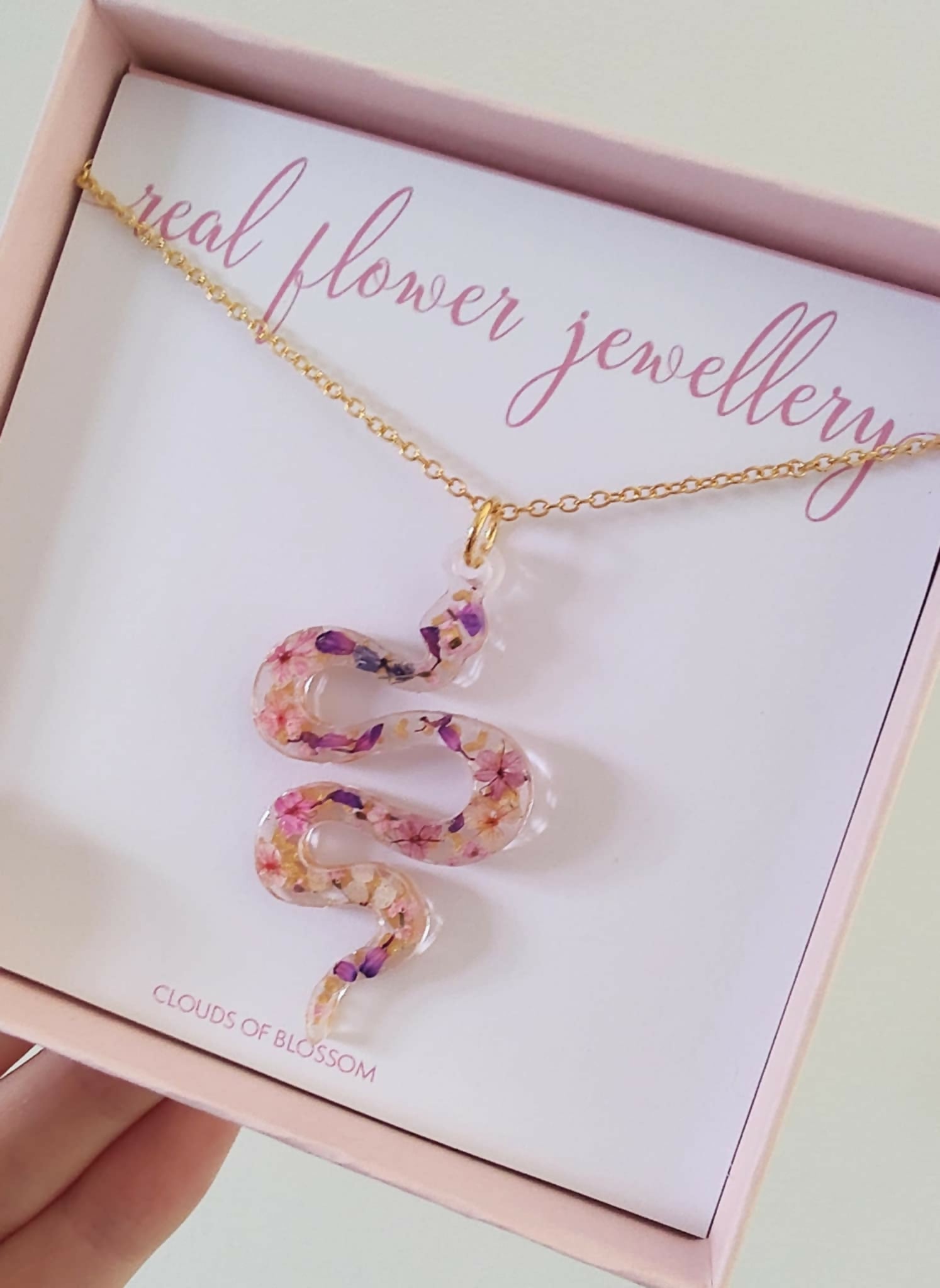 Real Flower Pink Snake Necklace Gold Plated