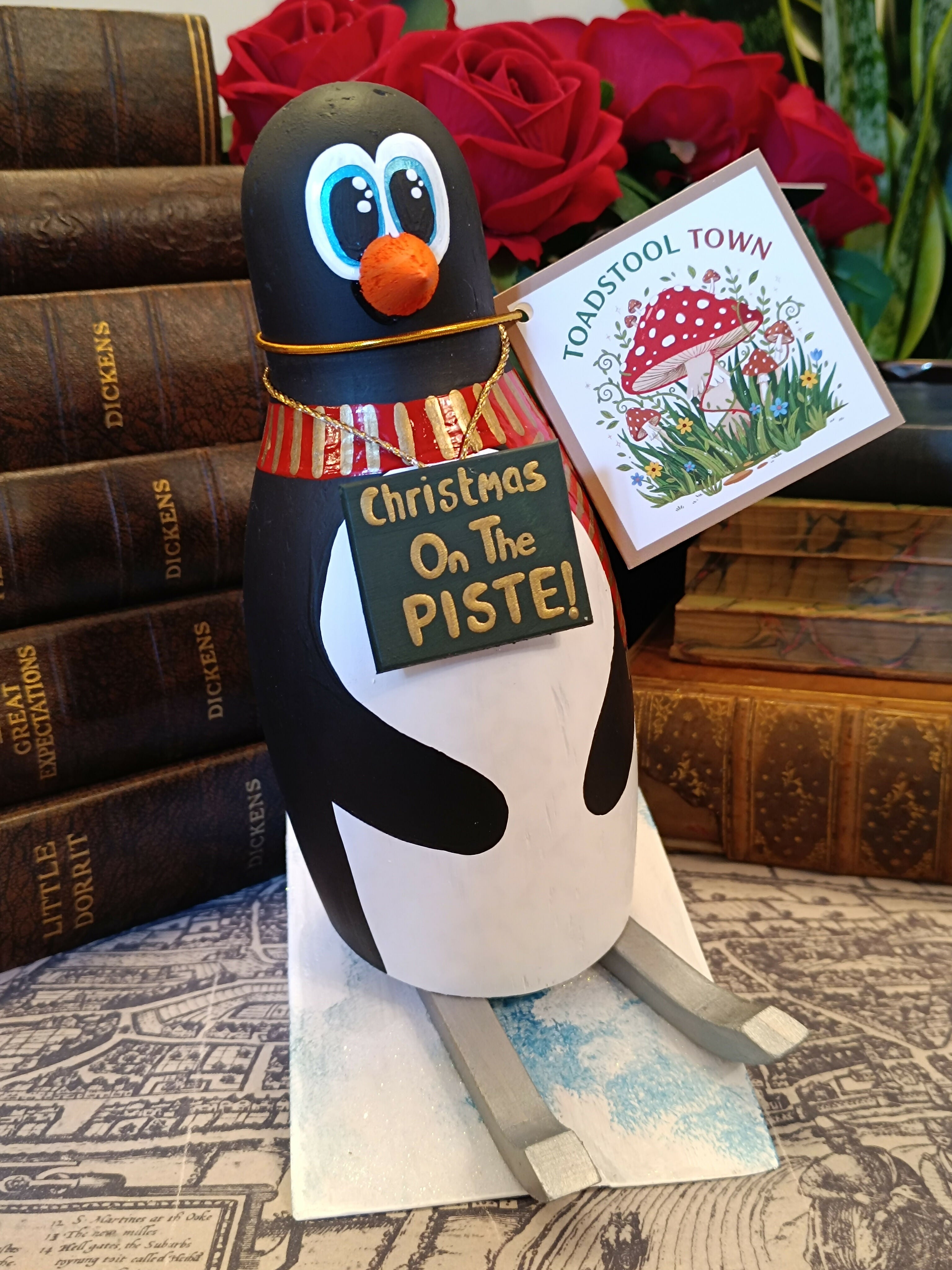 Handmade Wooden Skiing Penguin Festive Figurine – "Christmas On The Piste!" Holiday Decor