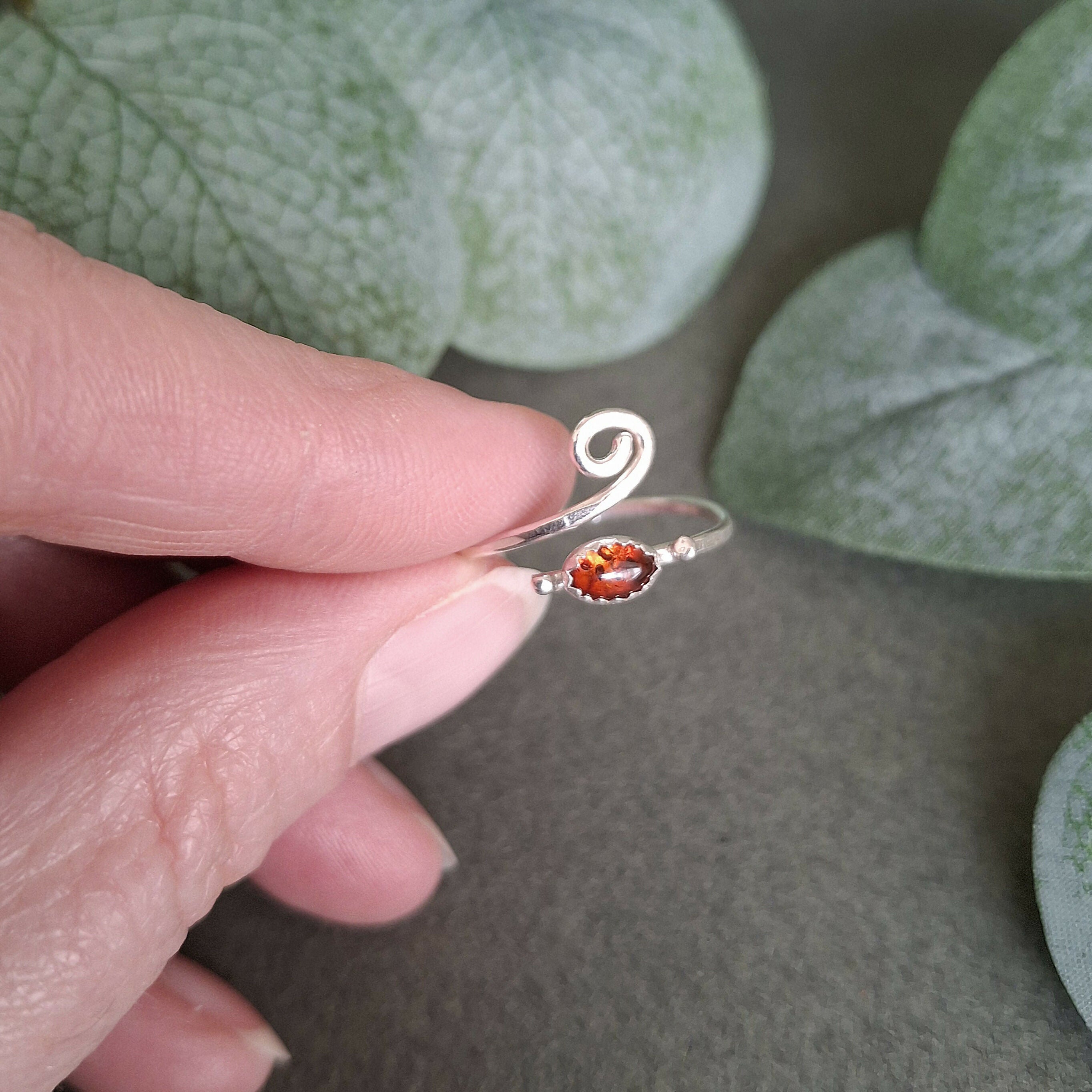Handmade Adjustable Silver Amber Ring Size R