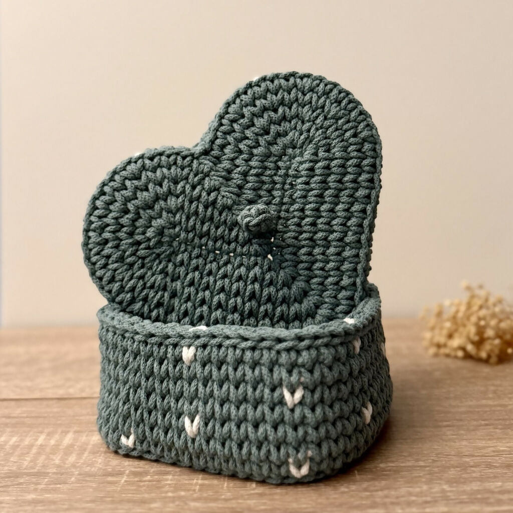 Crochet Heart Shaped Basket with Lid