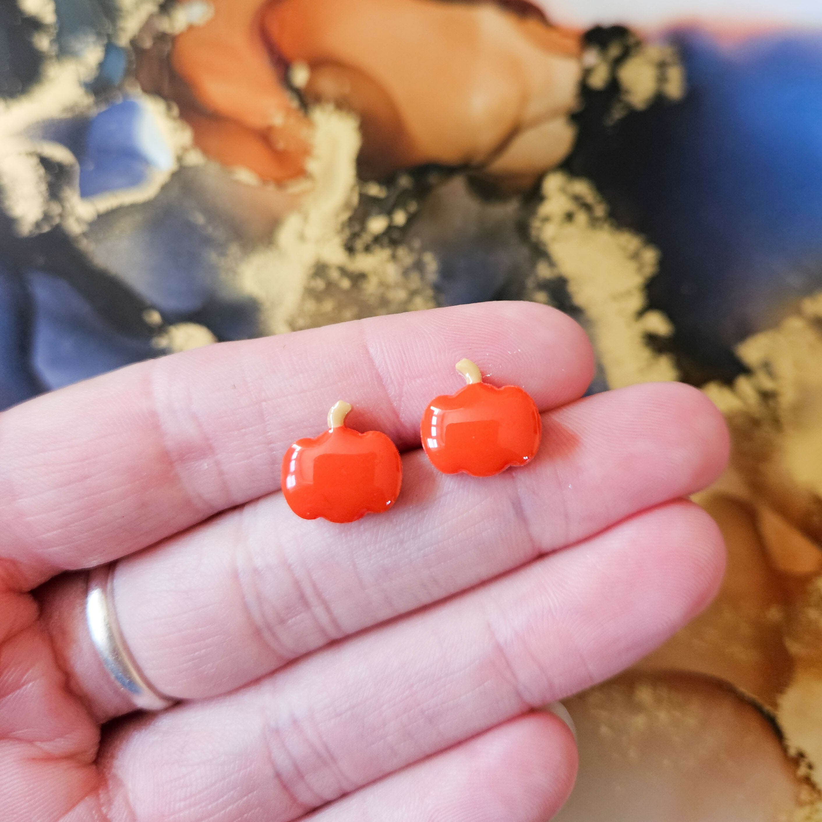Handmade Orange Pumpkin Autumn Resin Studs