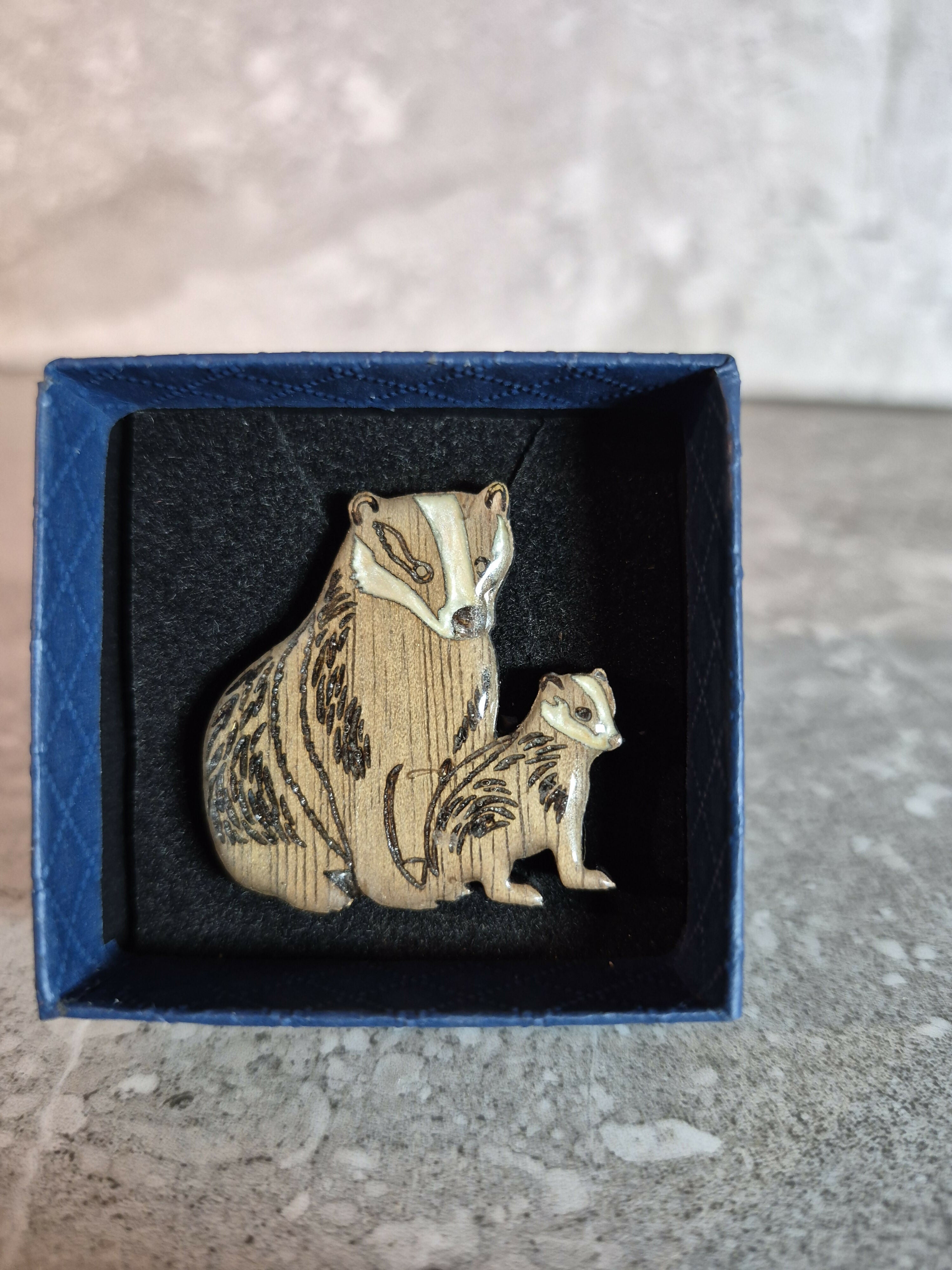 Handcrafted Walnut Veneered Badger and Cub Pin