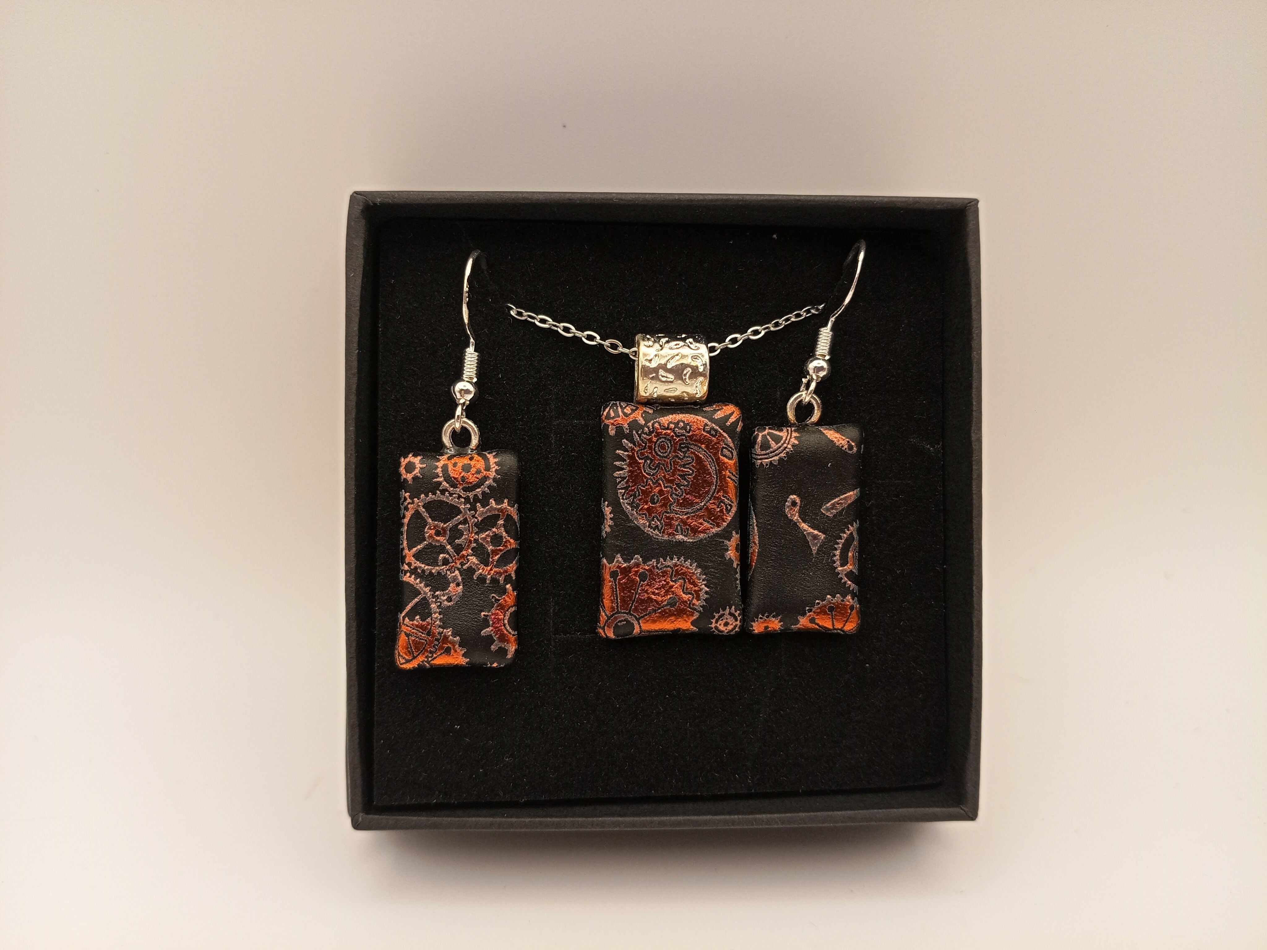 Orange and Gold on Black Steam Punk Pendant and Earring Set