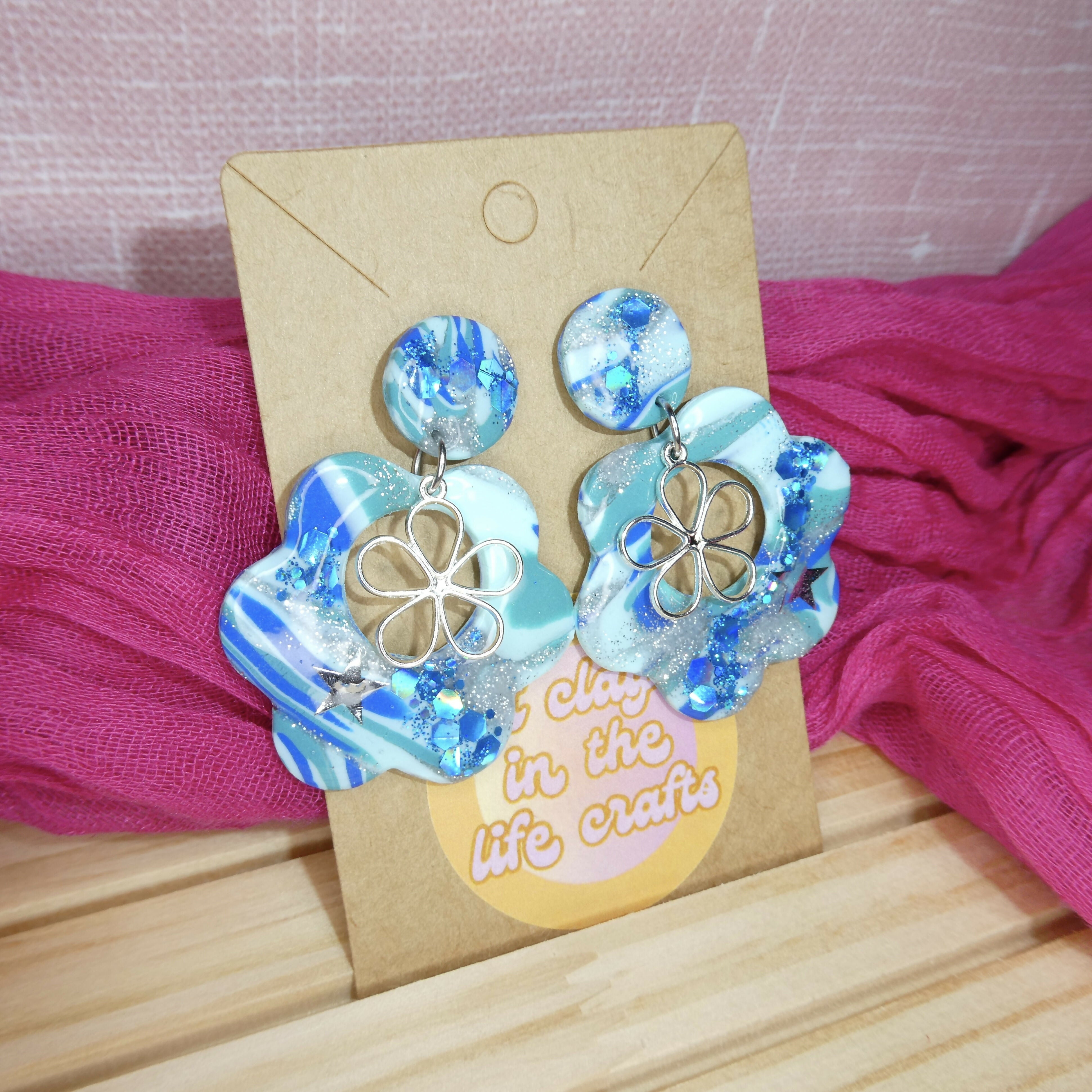 Sparkly Blue Floral Polymer Clay Earrings