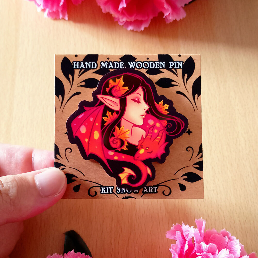 Autumnal Elf & Dragon Hand Made Eco Wood Pin