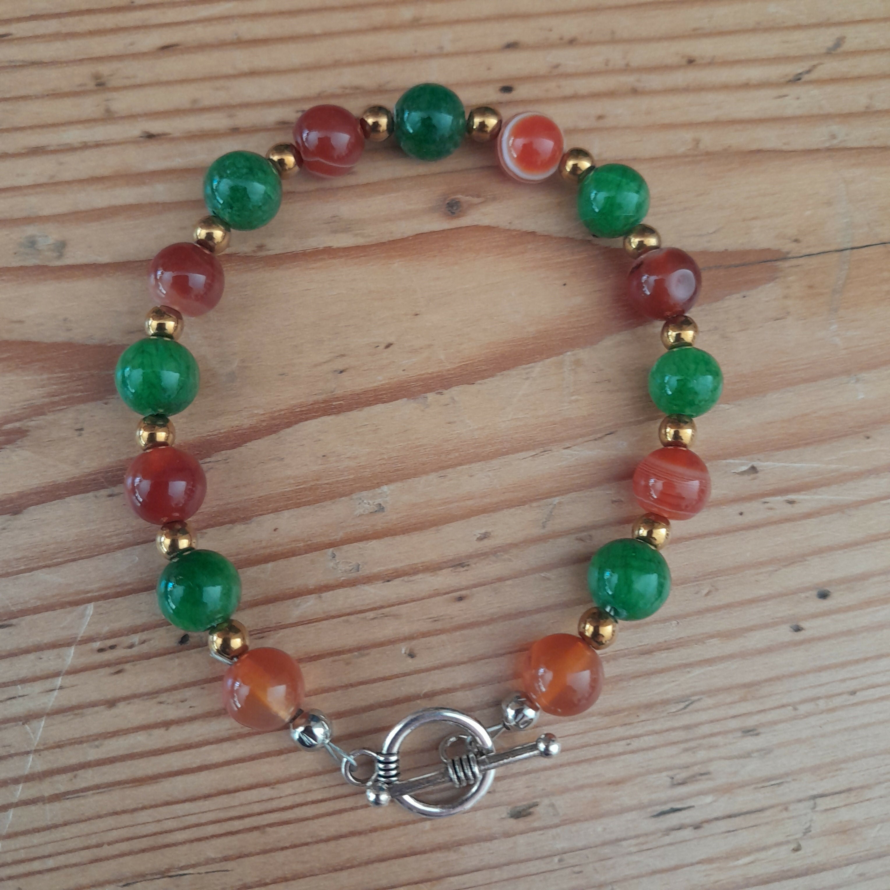 Tibetan Silver Toggle Catch Bracelet with Carnelian, Copper Hematite and Green Chalcedony.
