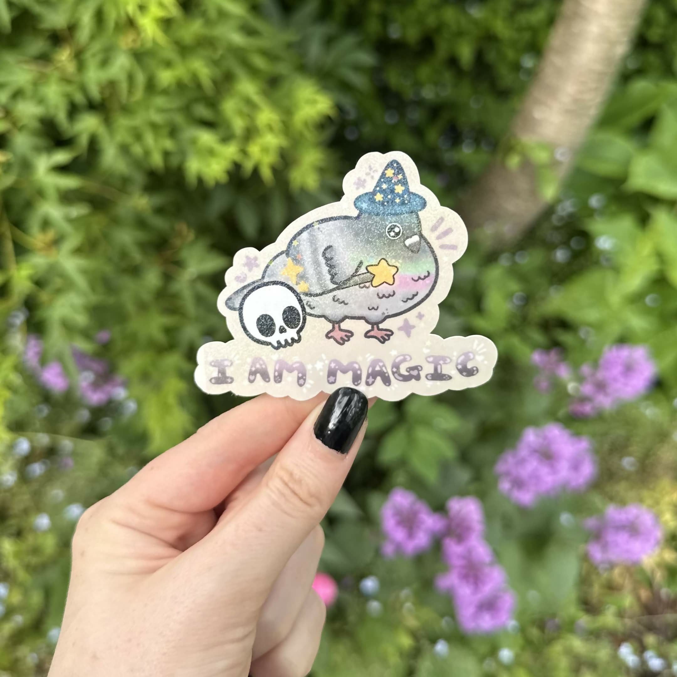 I Am Magic Wizard Hat Magical Pigeon Holographic Sparkly Vinyl Die Cut Sticker