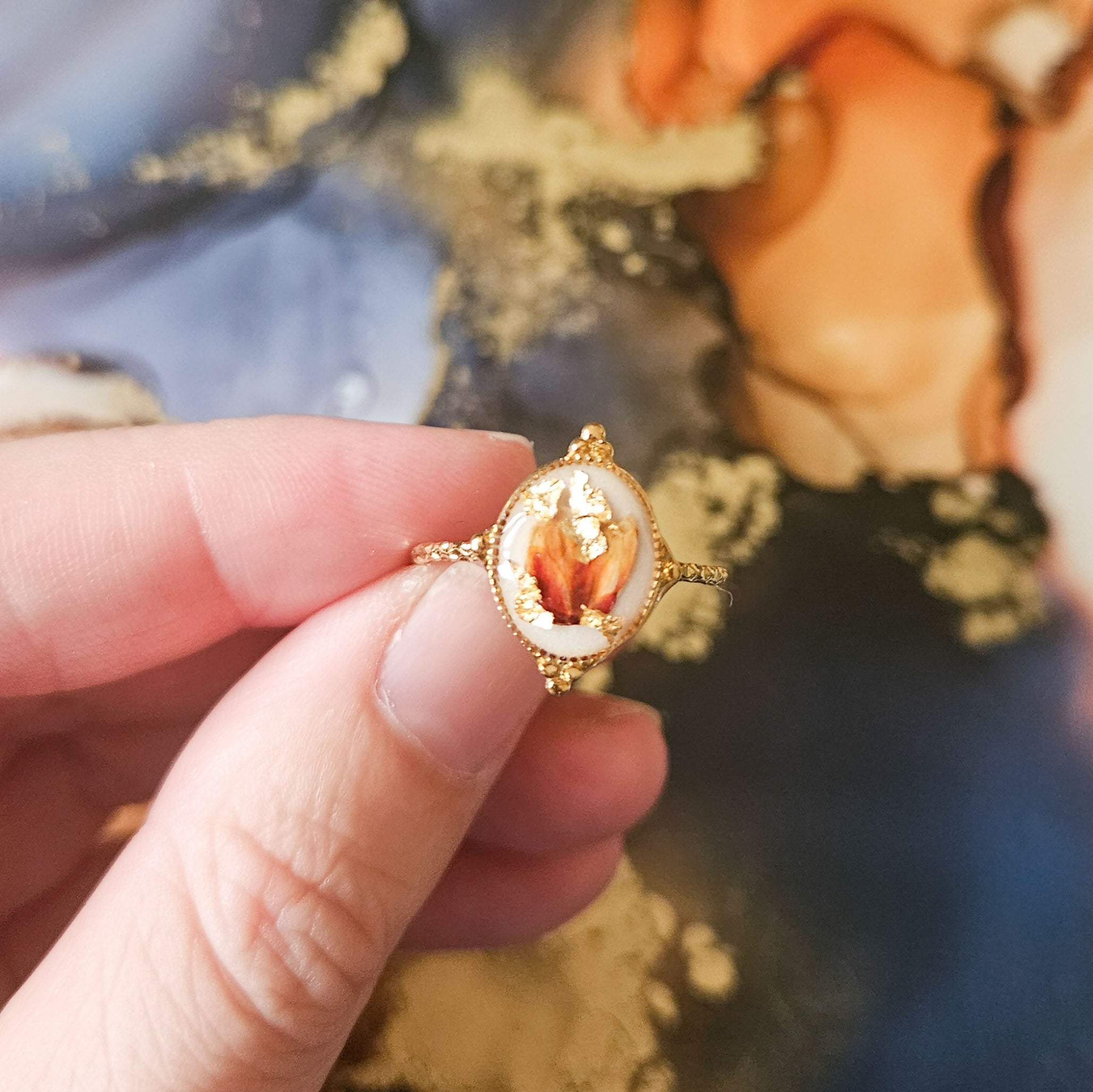 Handmade Dried Flower And Gold Leaf Resin And Stainless Steel Adjustable Ring
