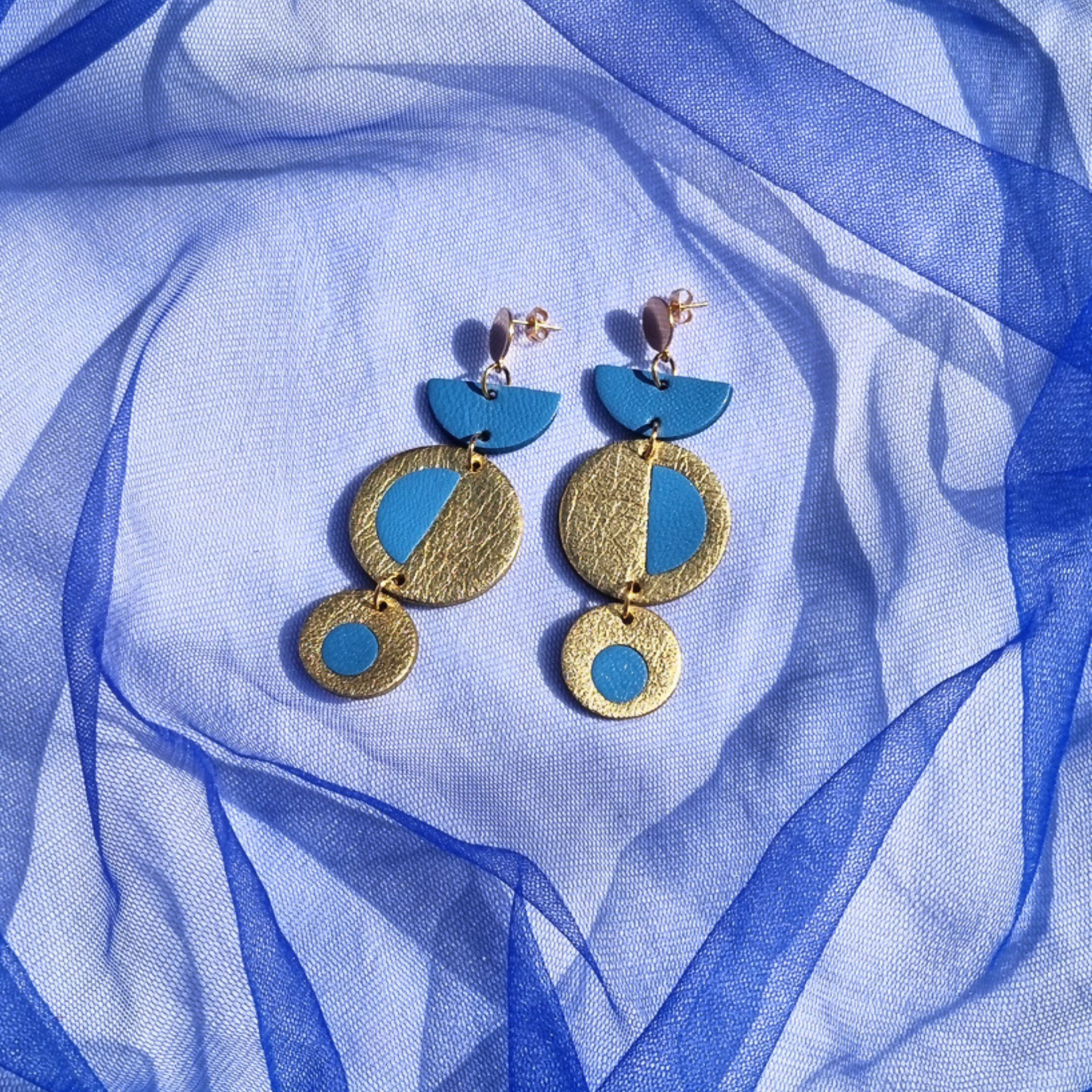 Three Tiered Gold and Blue Inlay Earrings