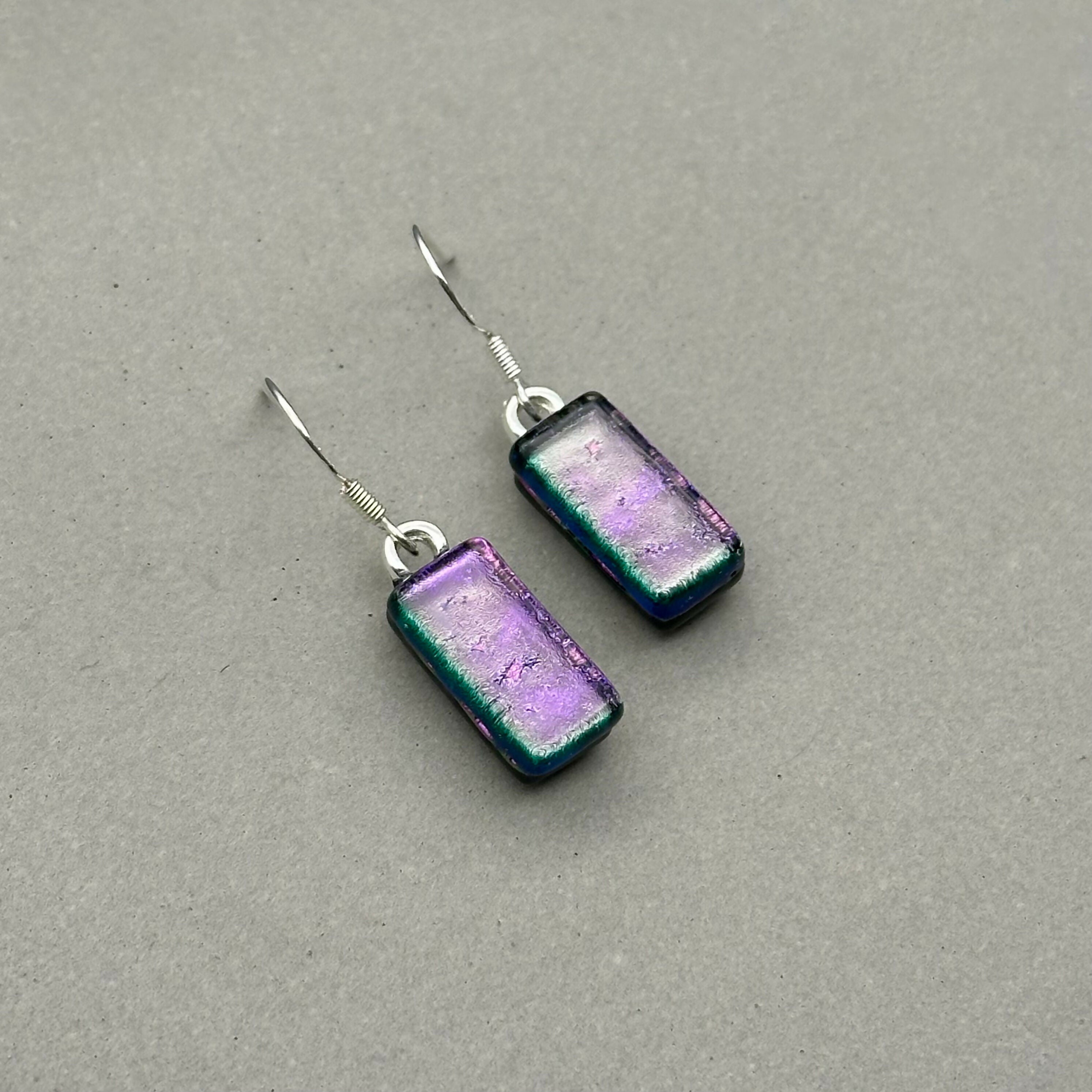 Purple Dichroic Fused Glass Dangle Sterling Silver Earrings - Handmade by Jade Tapson Glass.