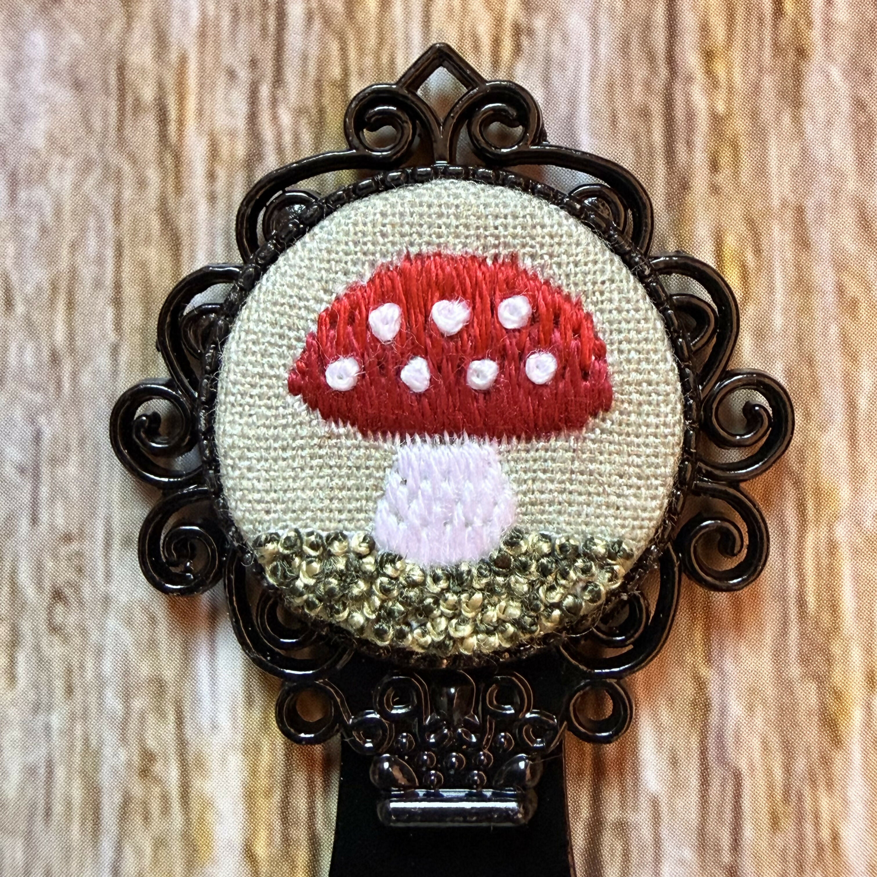 Black Hand Embroidered Mushroom Bookmark