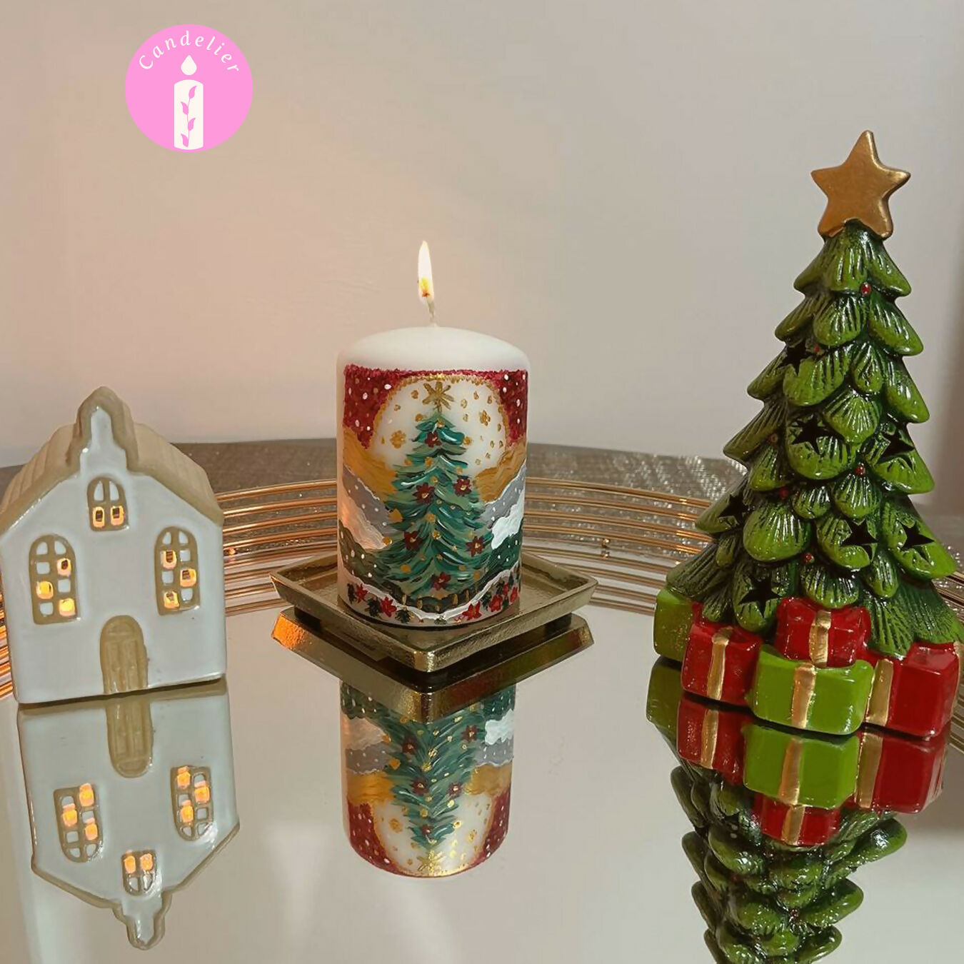 Christmas Tree Design on White Candle