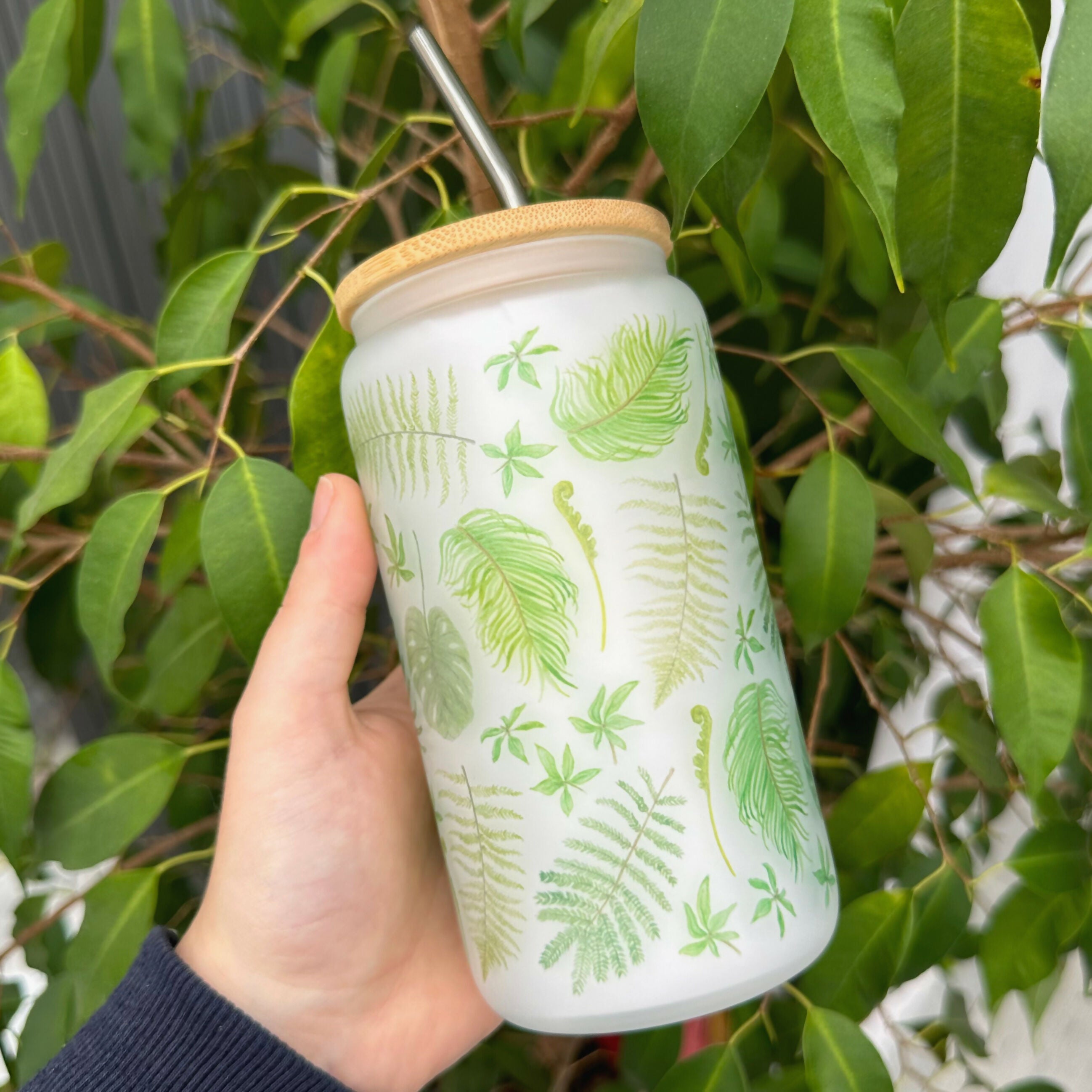 Rainforest Leaves - 16oz Glass Tumbler with Bamboo Lid and Glass Straw