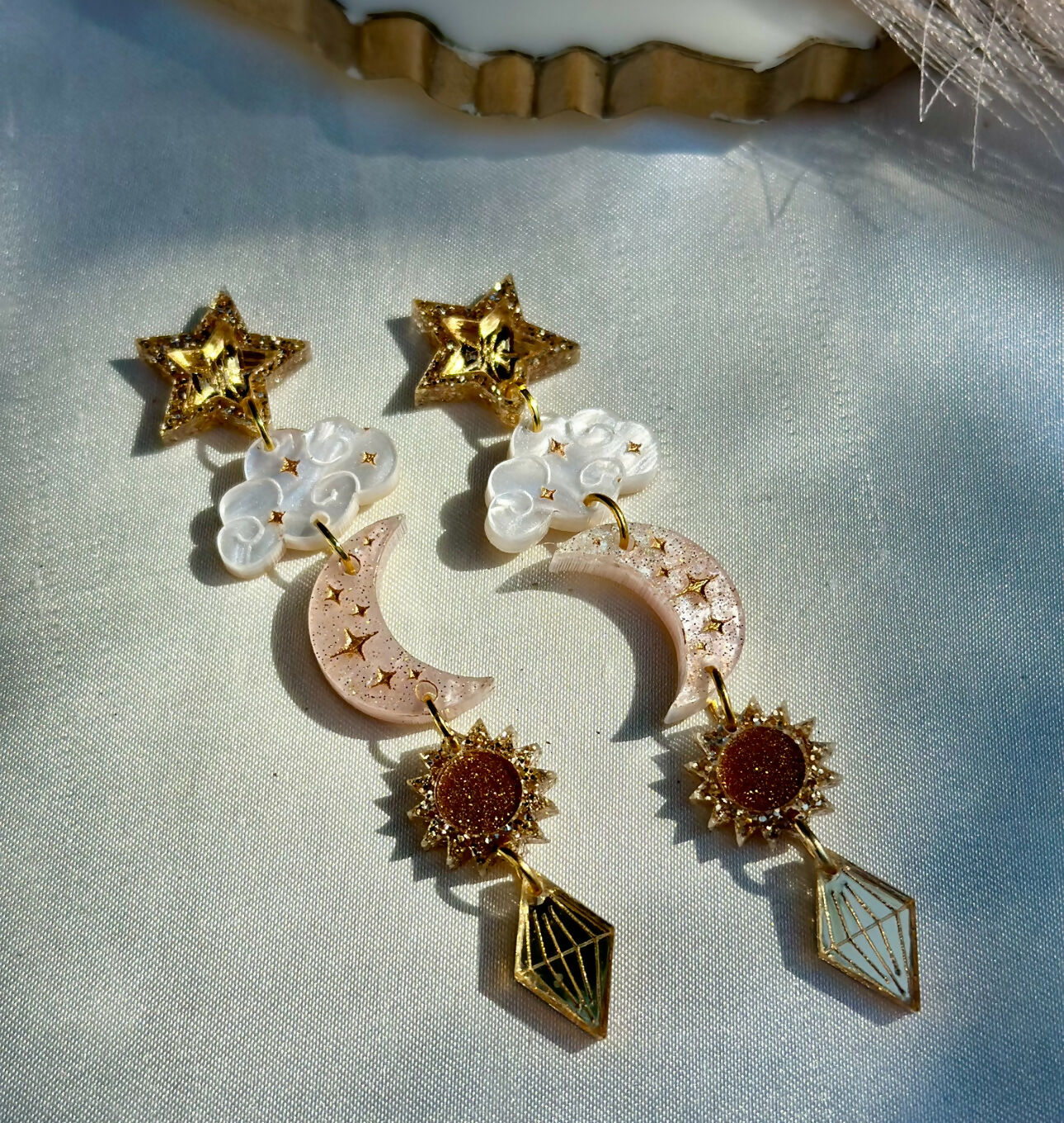 Dreamy, Celestial, Sun, Moon And Star Dangly Statement Earrings