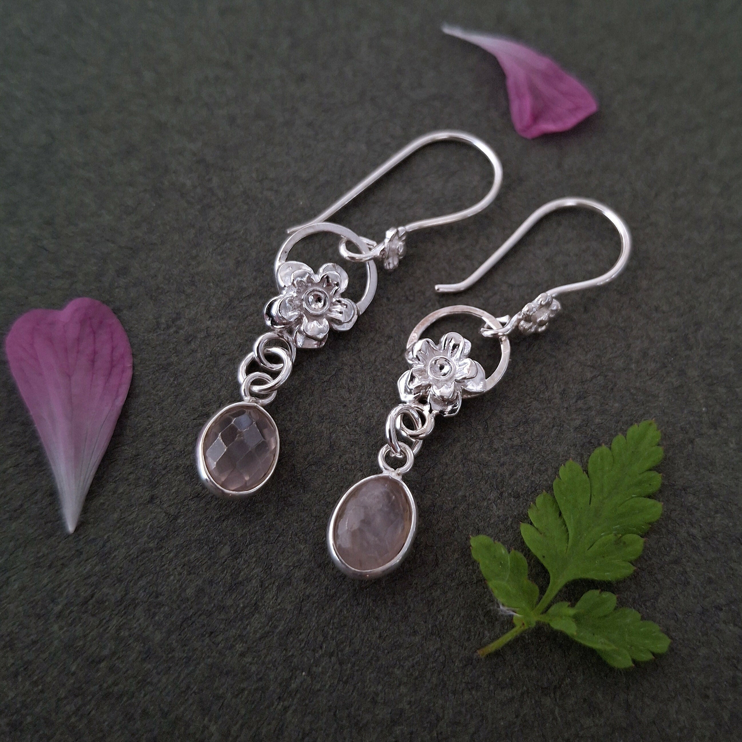 Handmade Silver Forget Me Not Earrings With Rose Quartz