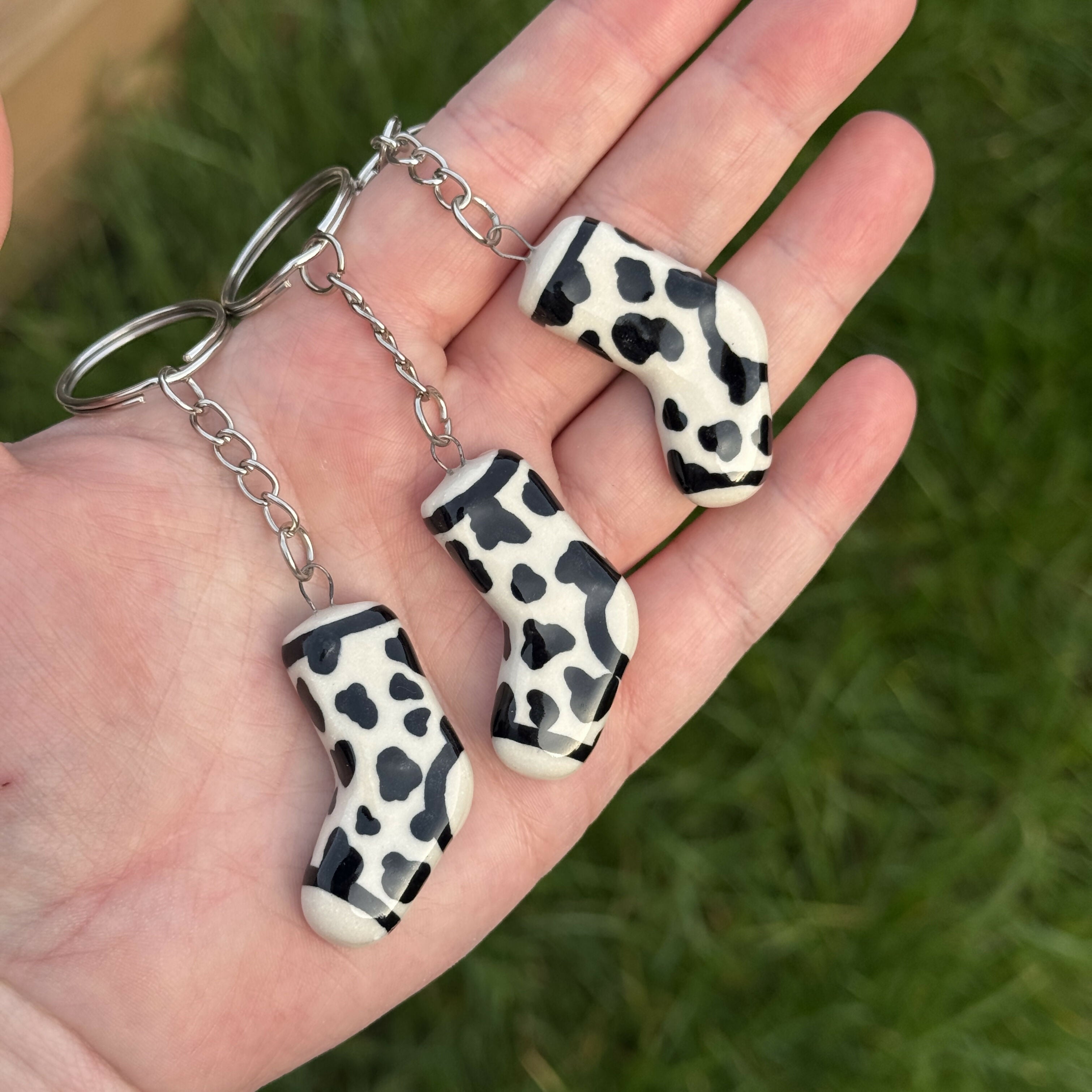 Handmade Ceramic Keyring, Cow Print Sock