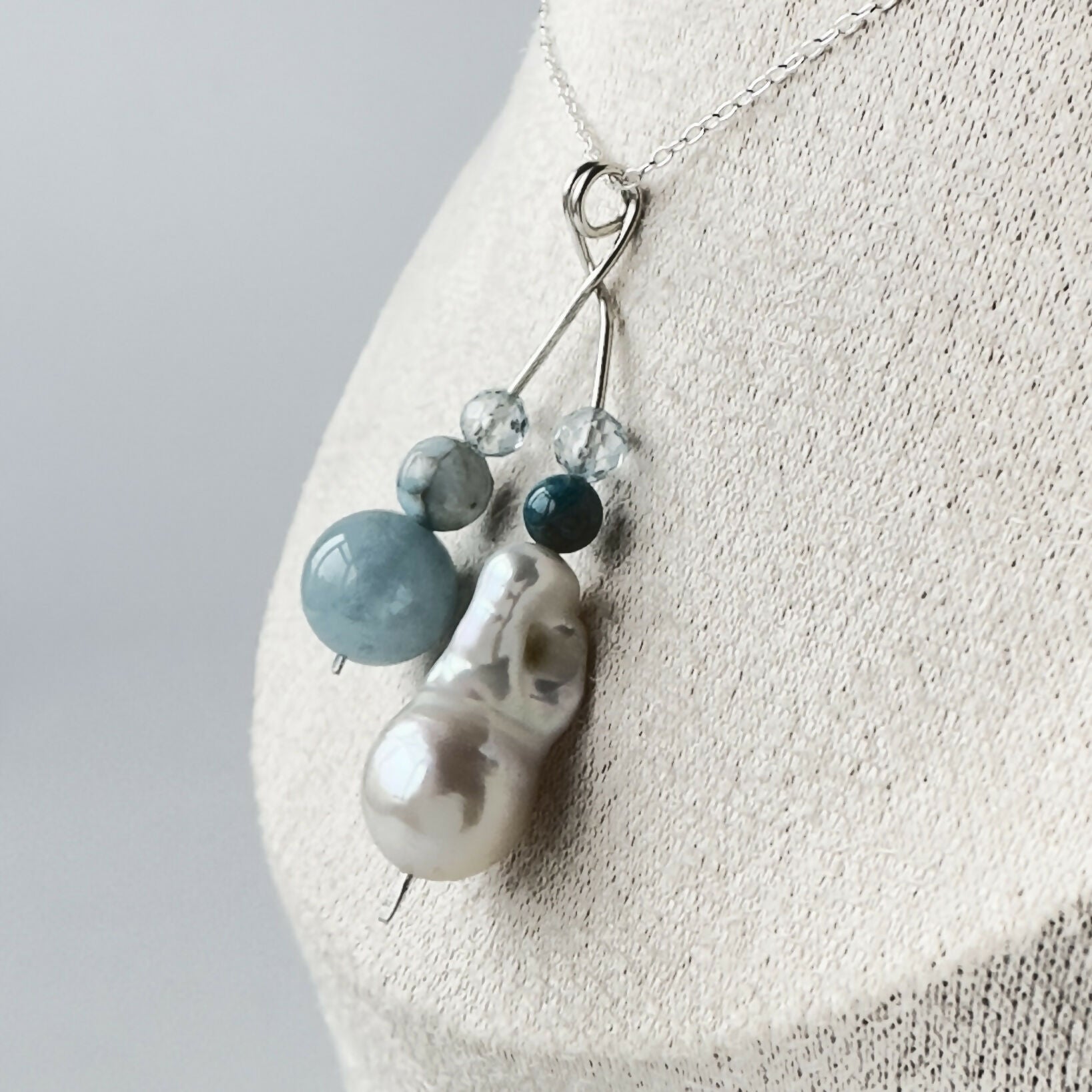 HEALING CRYSTAL & STERLING SILVER THROAT CHAKRA PENDANT WITH BAROQUE PEARL & 18” CHAIN