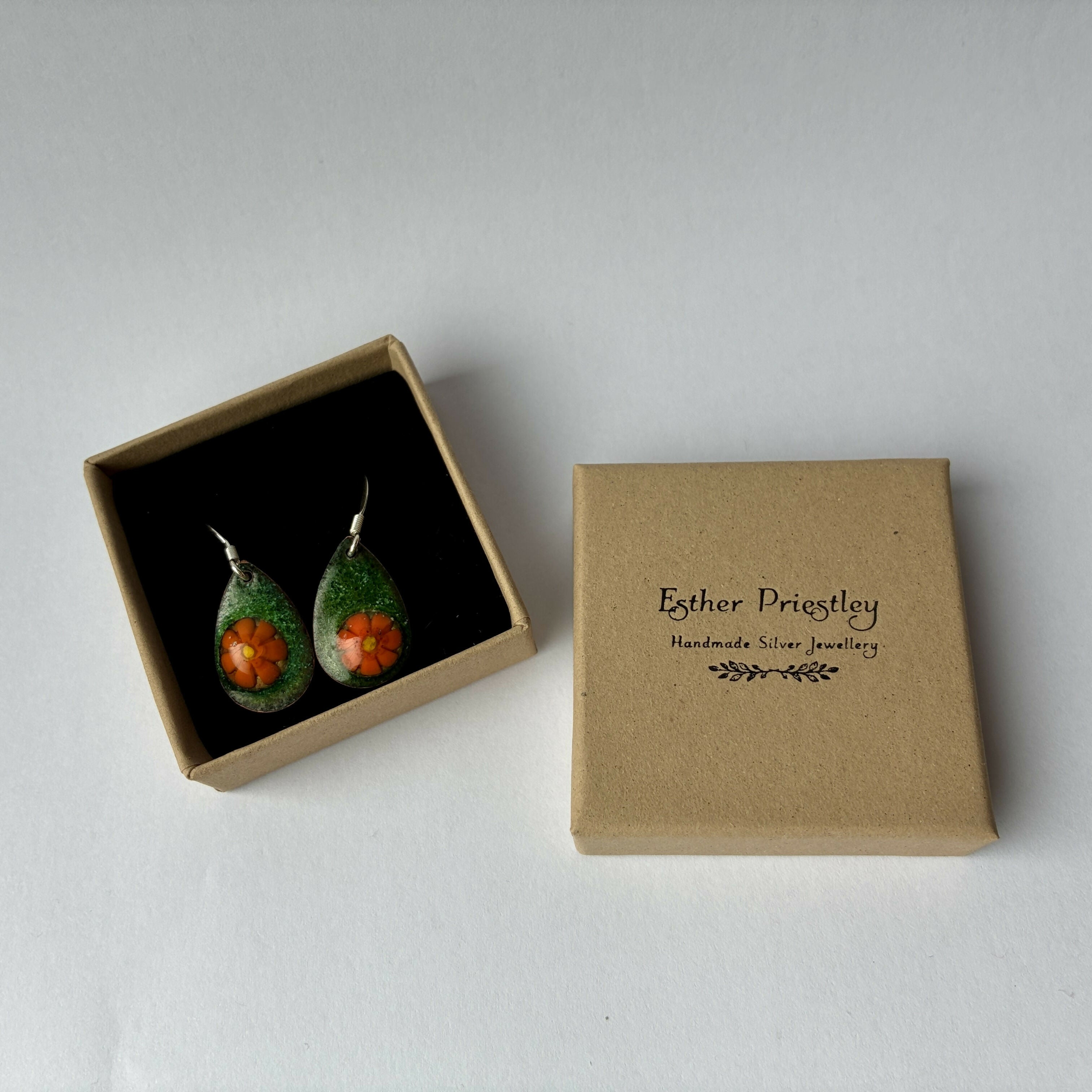 Green and Silver Enamel and Copper Earrings