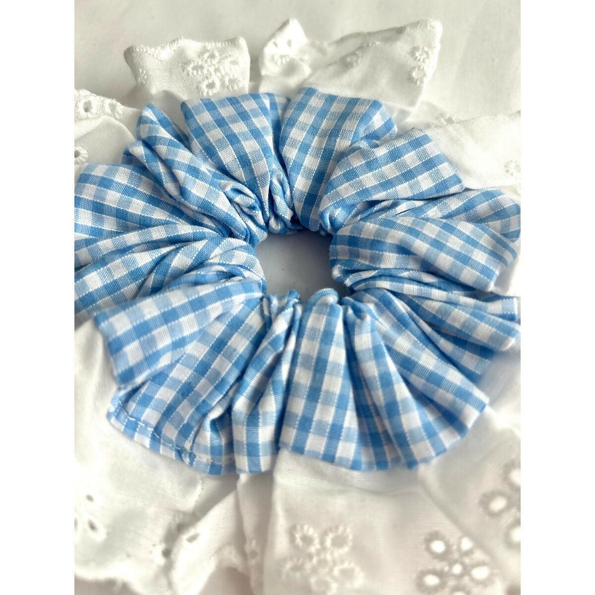 Blue Gingham Oversized Ruffle Broderie Lace Hair Scrunchie