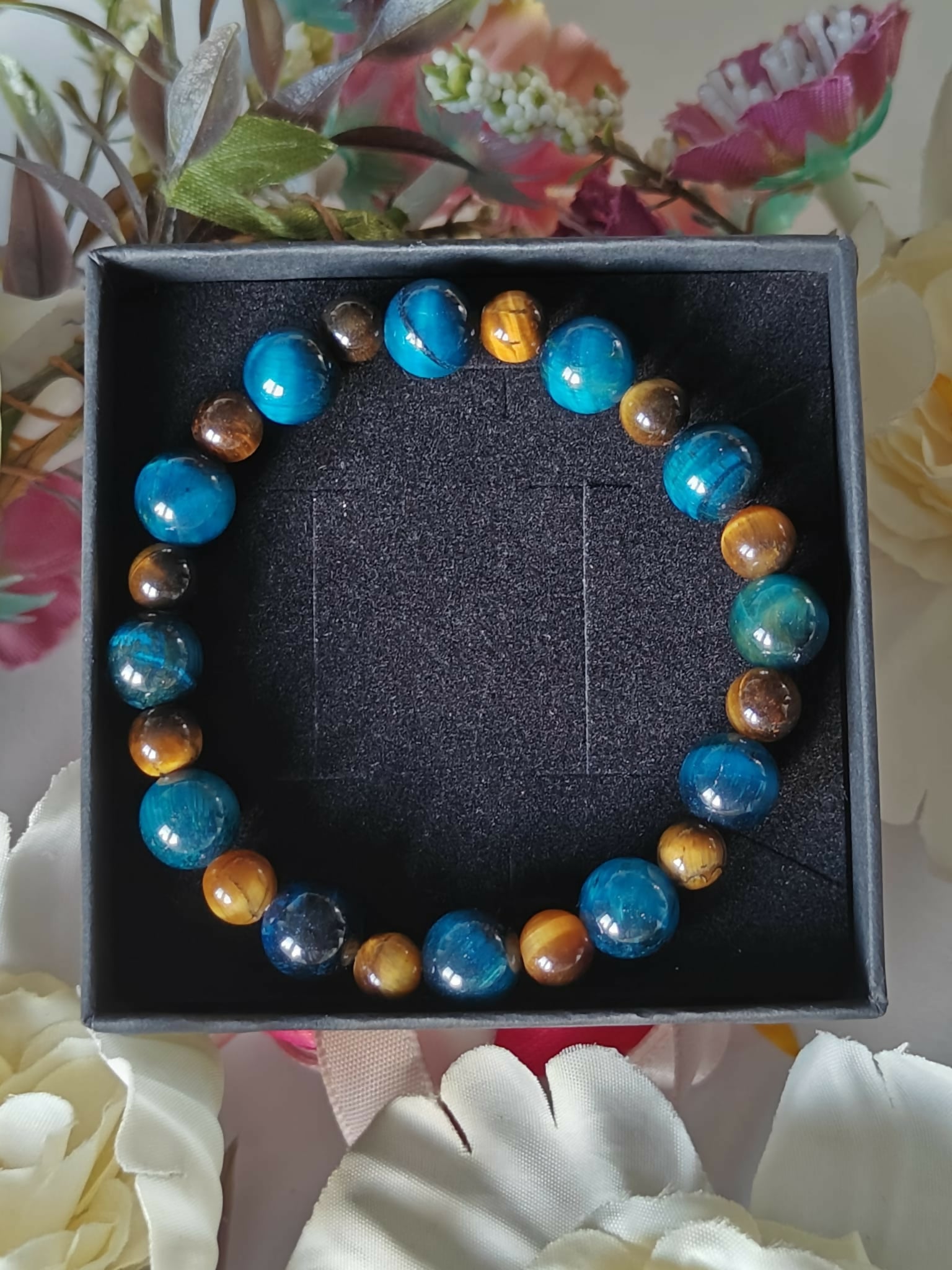 Blue Tiger's Eye and Tiger's Eye Crystal Bead Bracelet