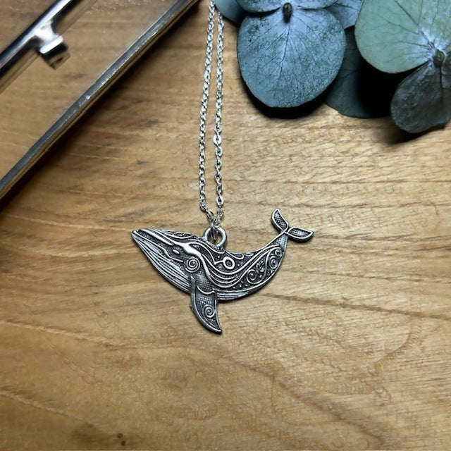 Lovely Silver Plated Carved Whale Pendant Necklace