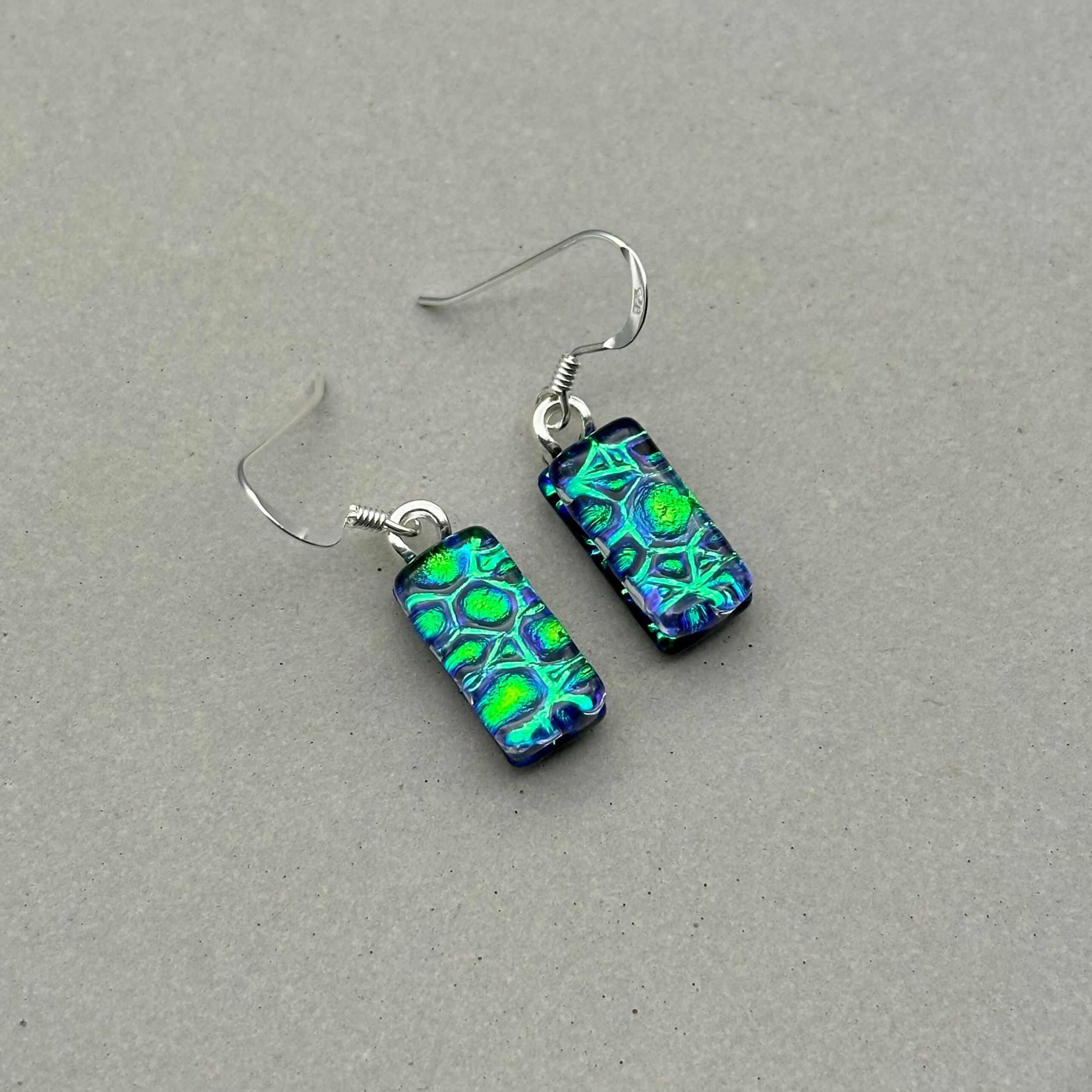 Emerald Green Raindrop Dichroic Fused Glass Dangle Sterling Silver Earrings - Handmade by Jade Tapson Glass.