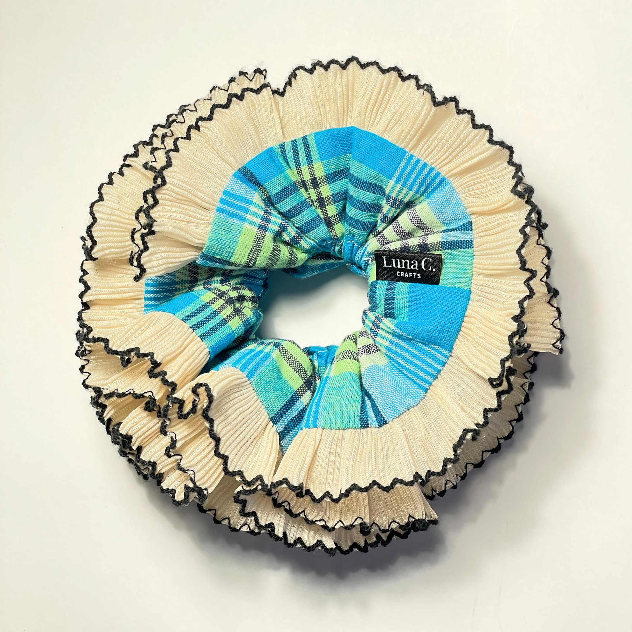 Blue Plaid with Creamy White Ruffles Double Layer Scrunchie