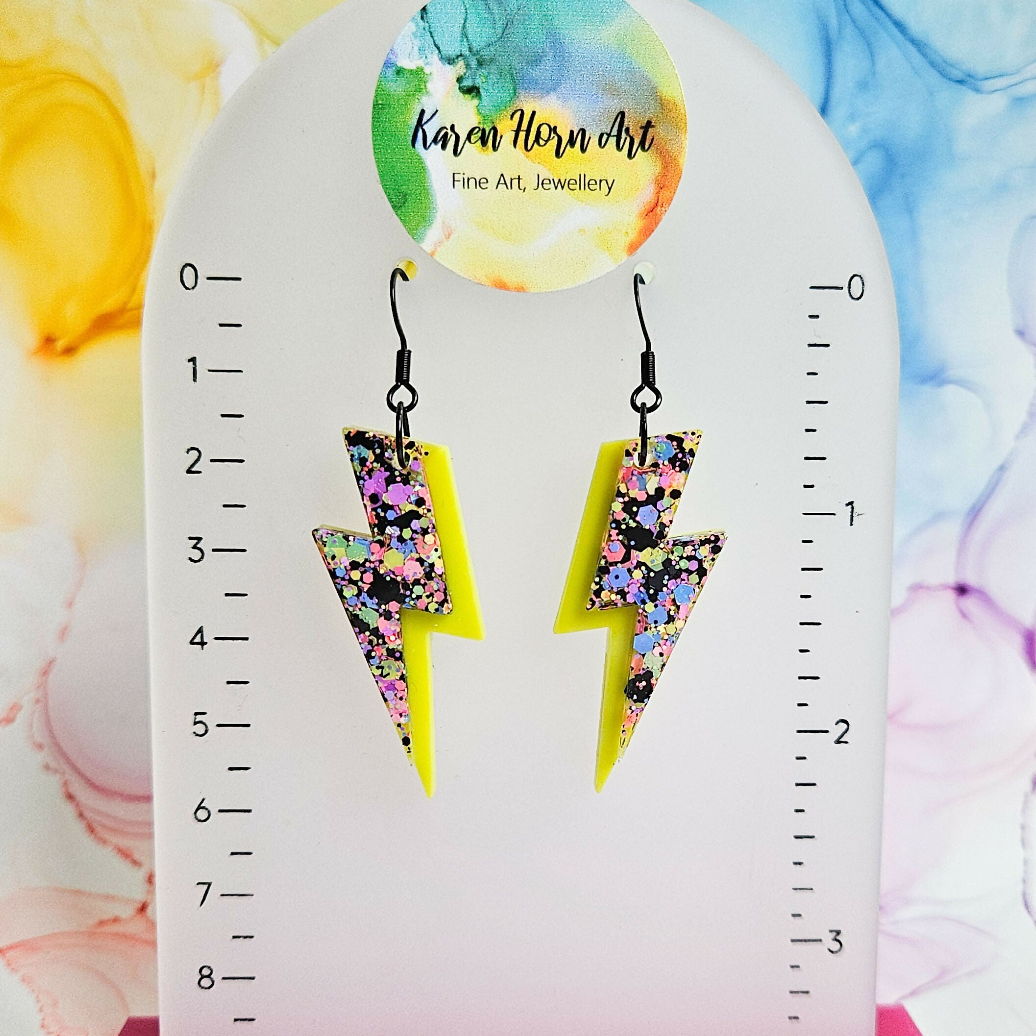 Handmade Lime And Glitter Bolt Resin Earrings