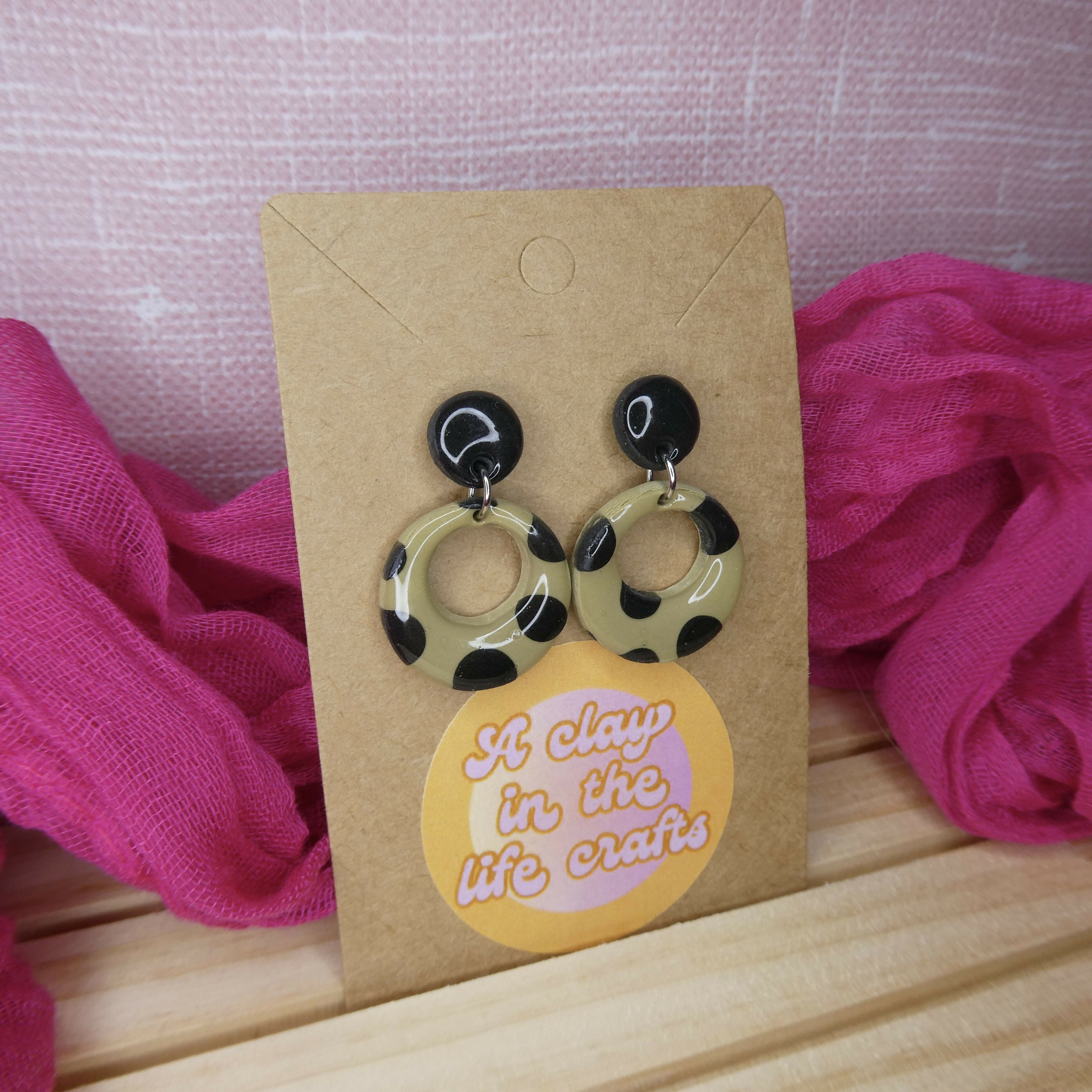 Black And Beige Ring Polka Dot Polymer Clay Earrings