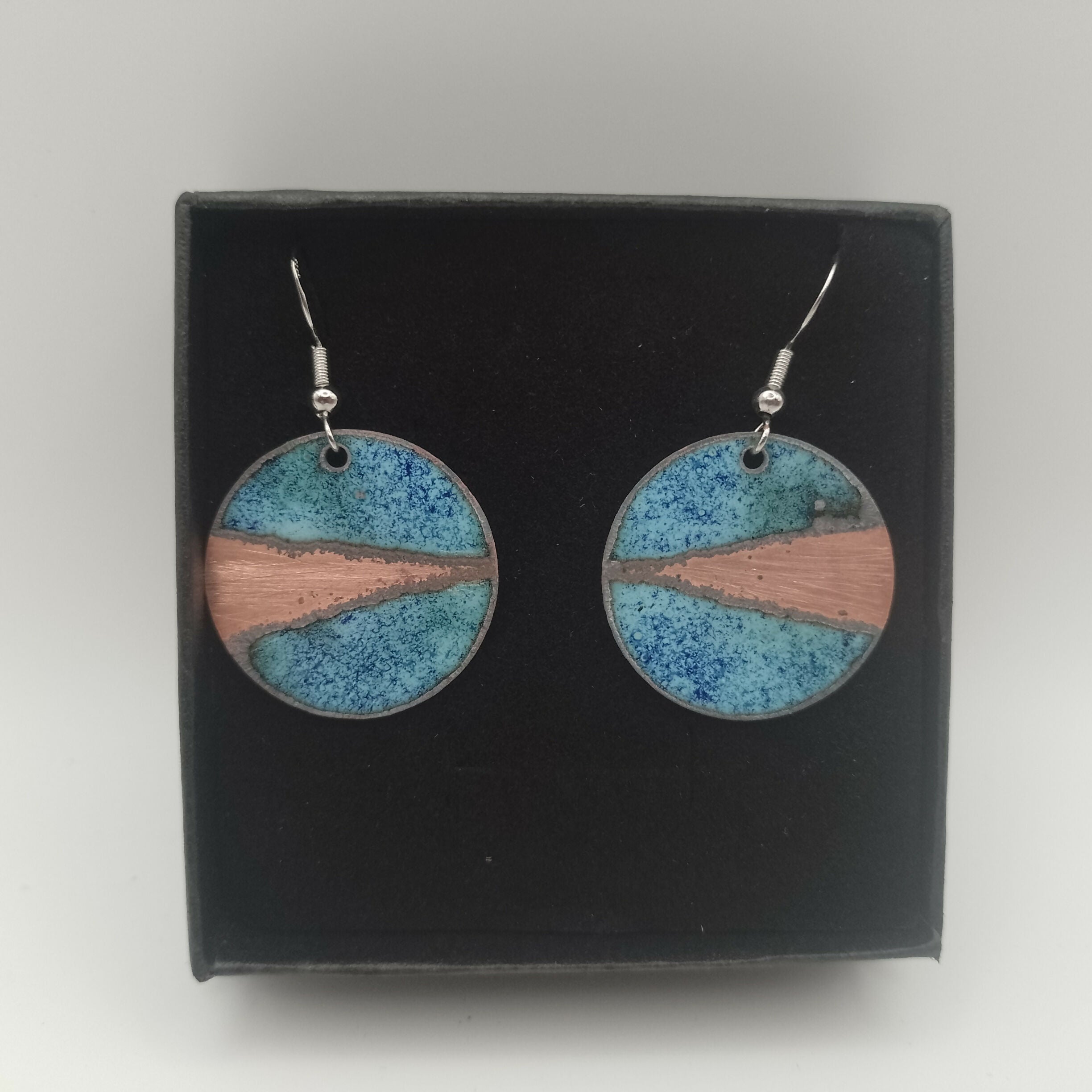 Blue and Copper Enamel Circle Earrings