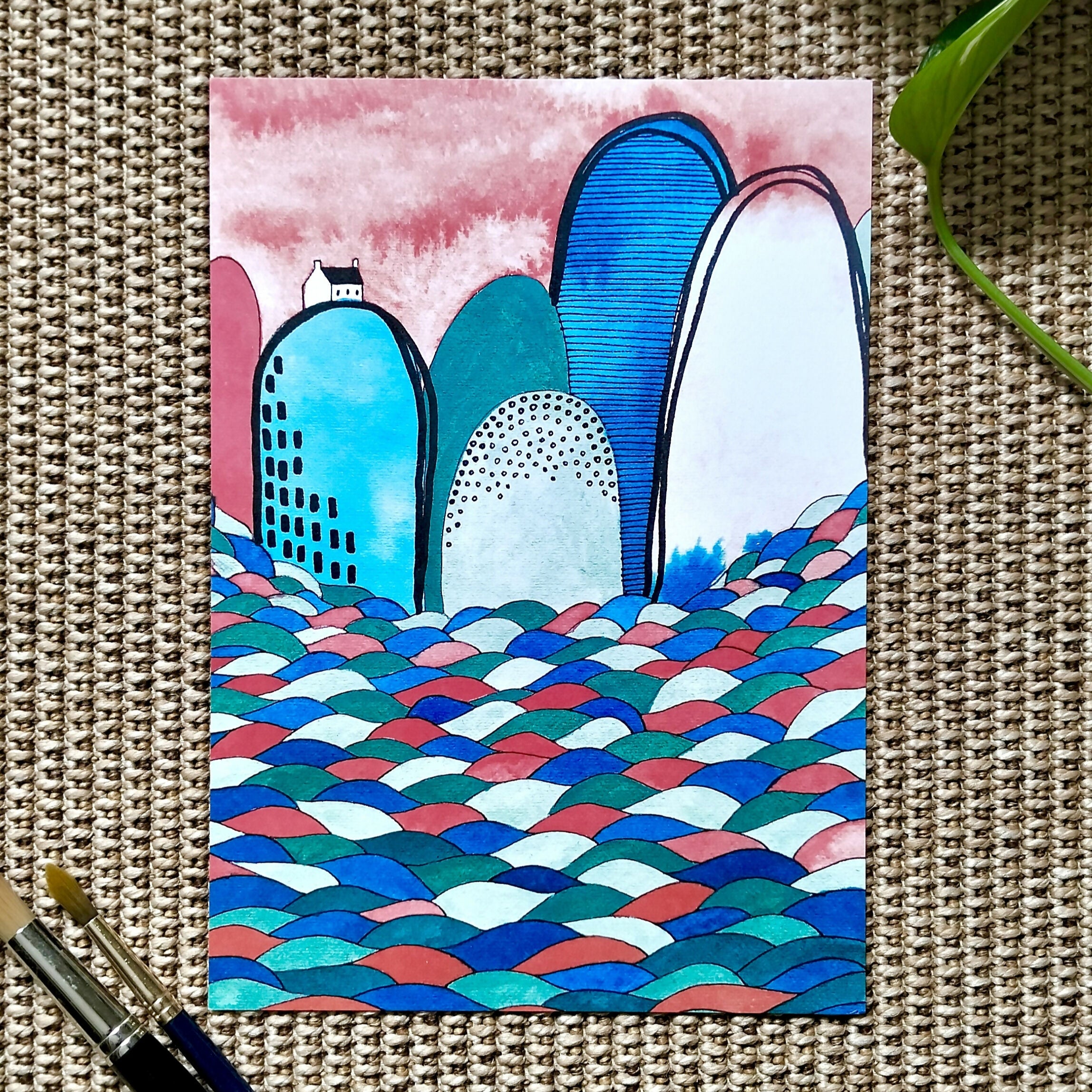 A4 Abstract Landscape Art Print | Seaside Cottage