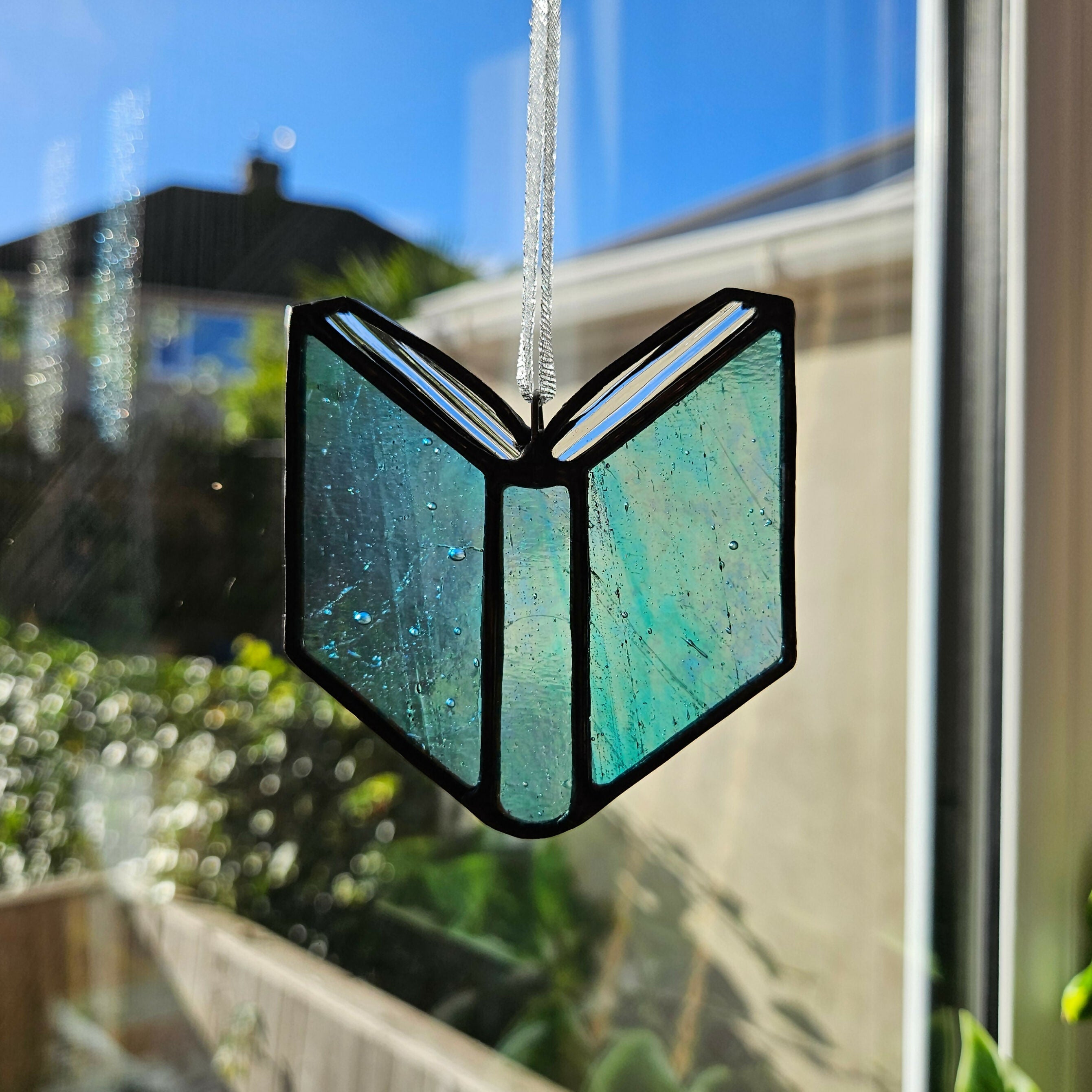 Iridescent Blue Book Stained Glass Suncatcher