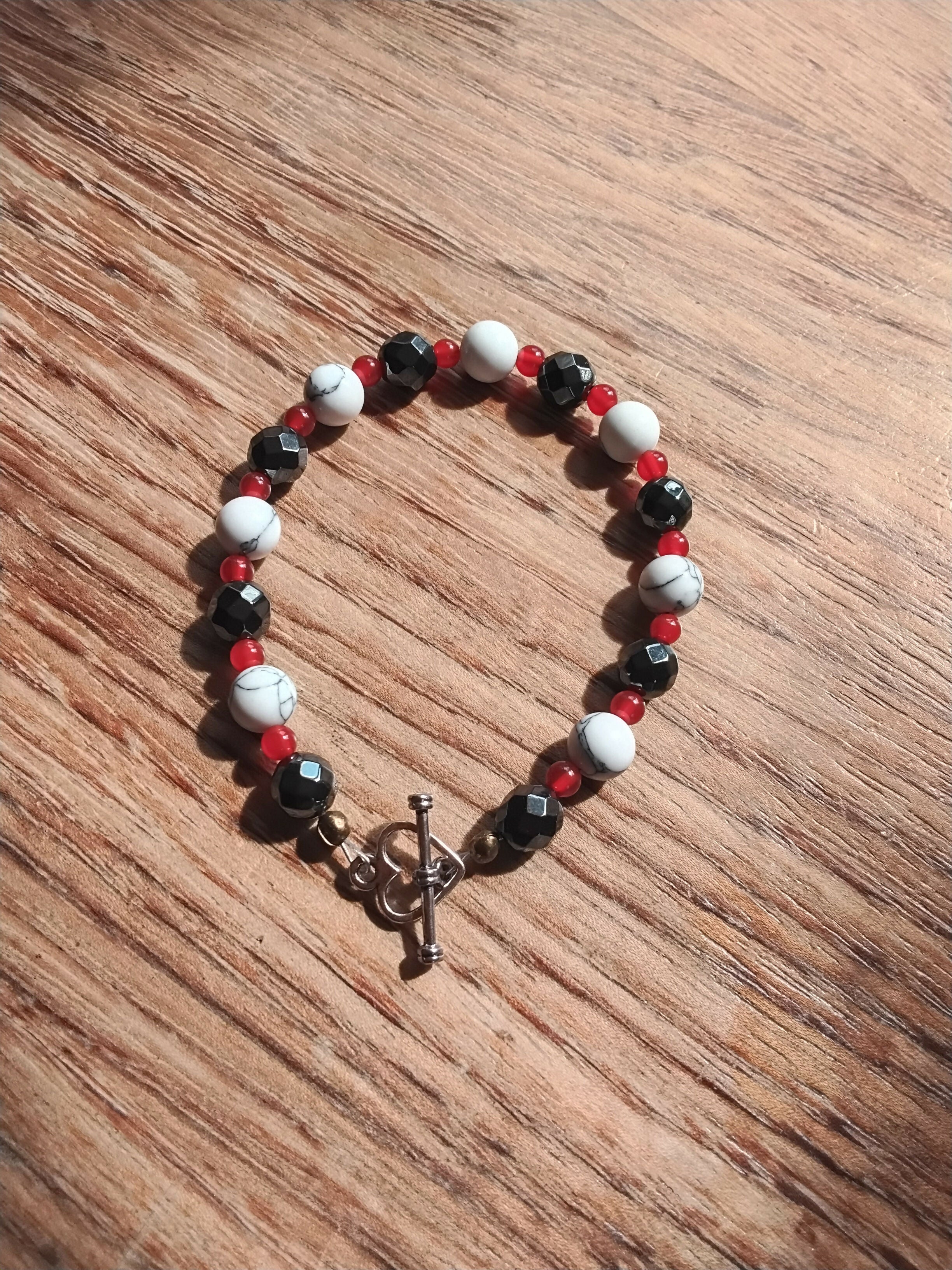 Tibetan Silver Toggle Catch with Faceted Grey Hematite, Carnelian & Grey Veined Howlite.