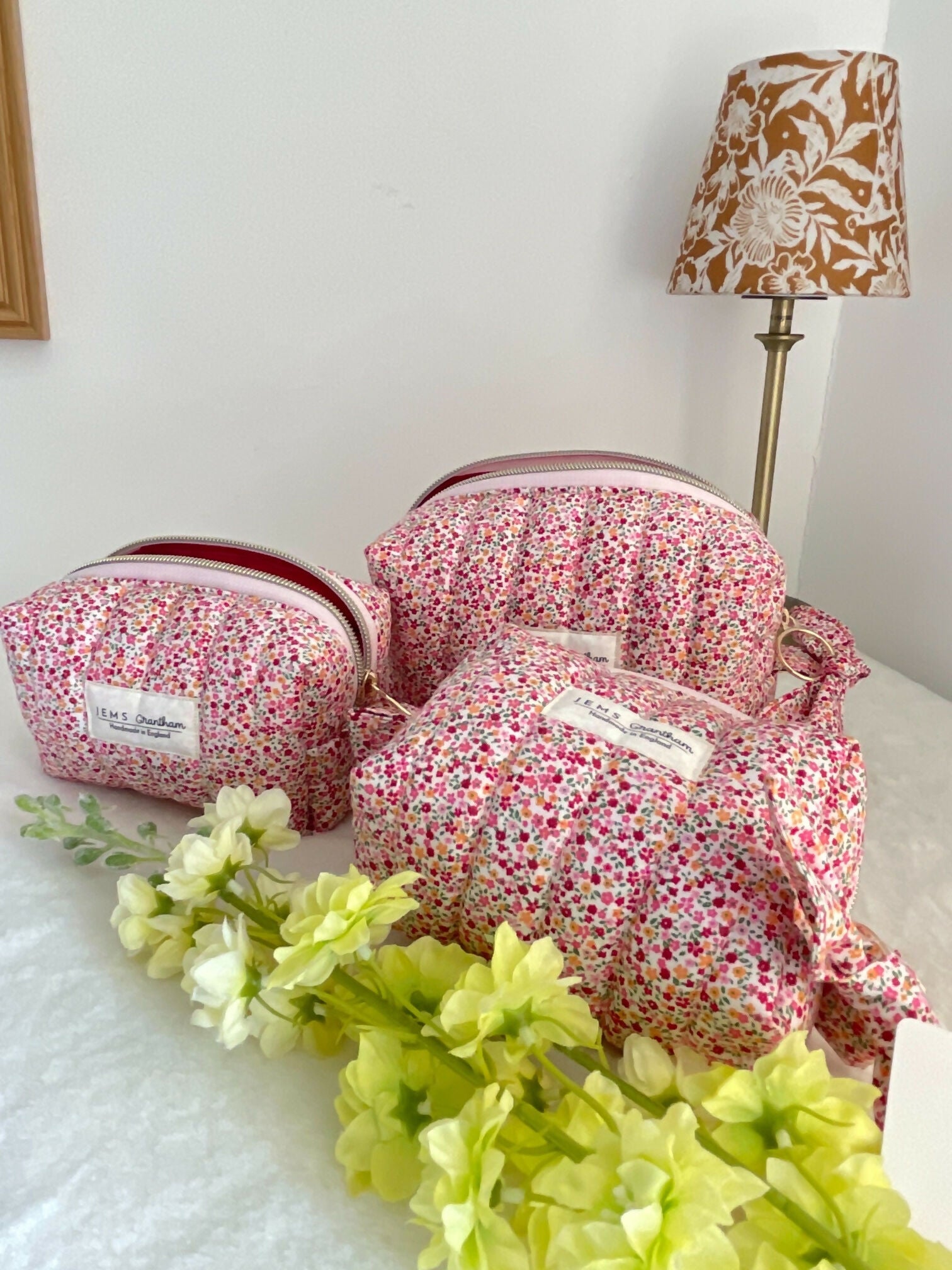 Ditsy Red Quilted Toiletry Bag with Zipper Handmade