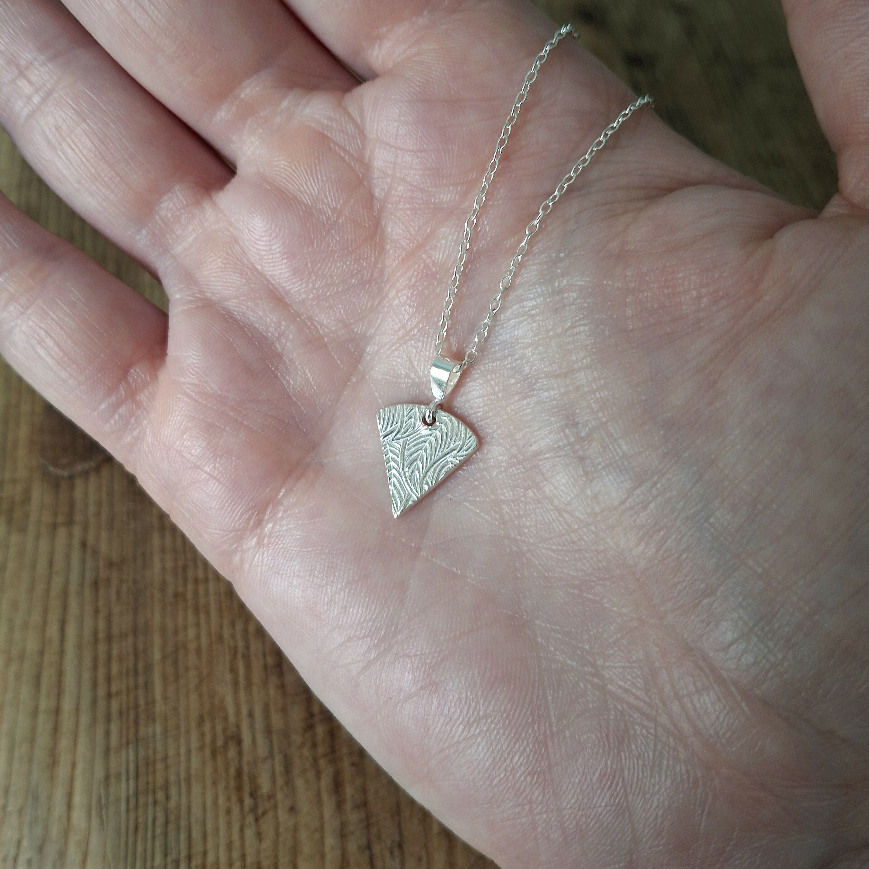 Handmade Silver Triangle Charm Necklace Leaf Texture