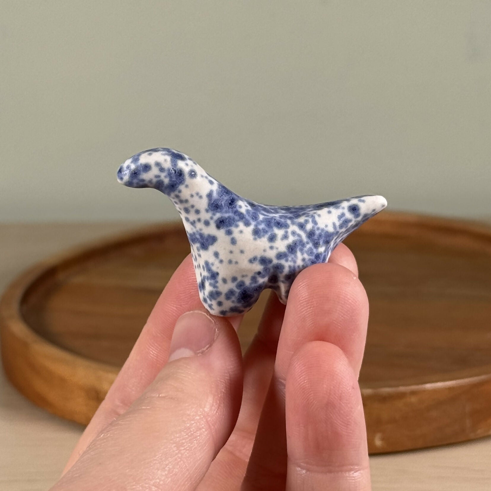 Tiny Blue and White Speckle Dinosaur, Handmade from Stoneware Ceramic