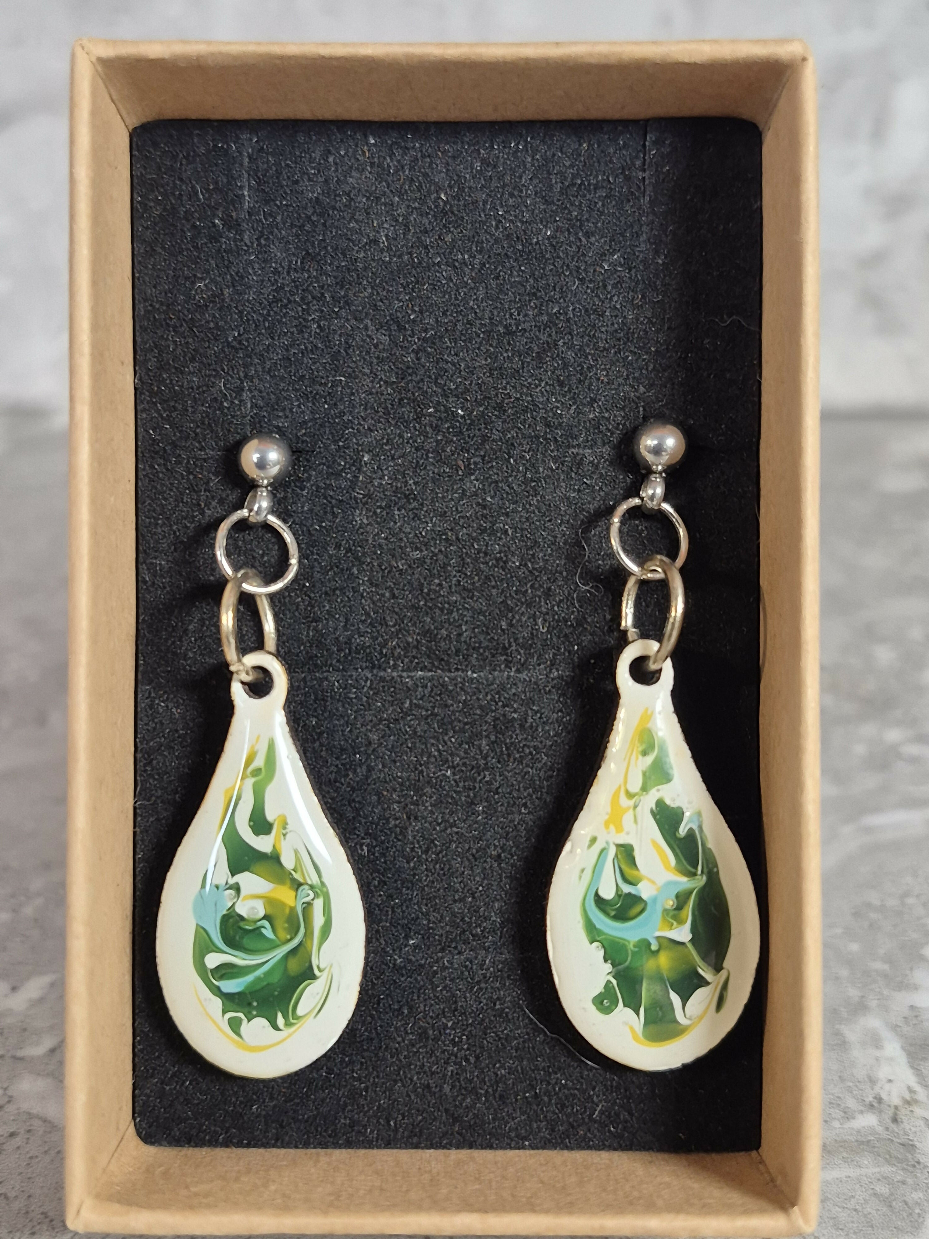Handcrafted Teardrop Shaped White, Green, Teal And Yellow Earrings