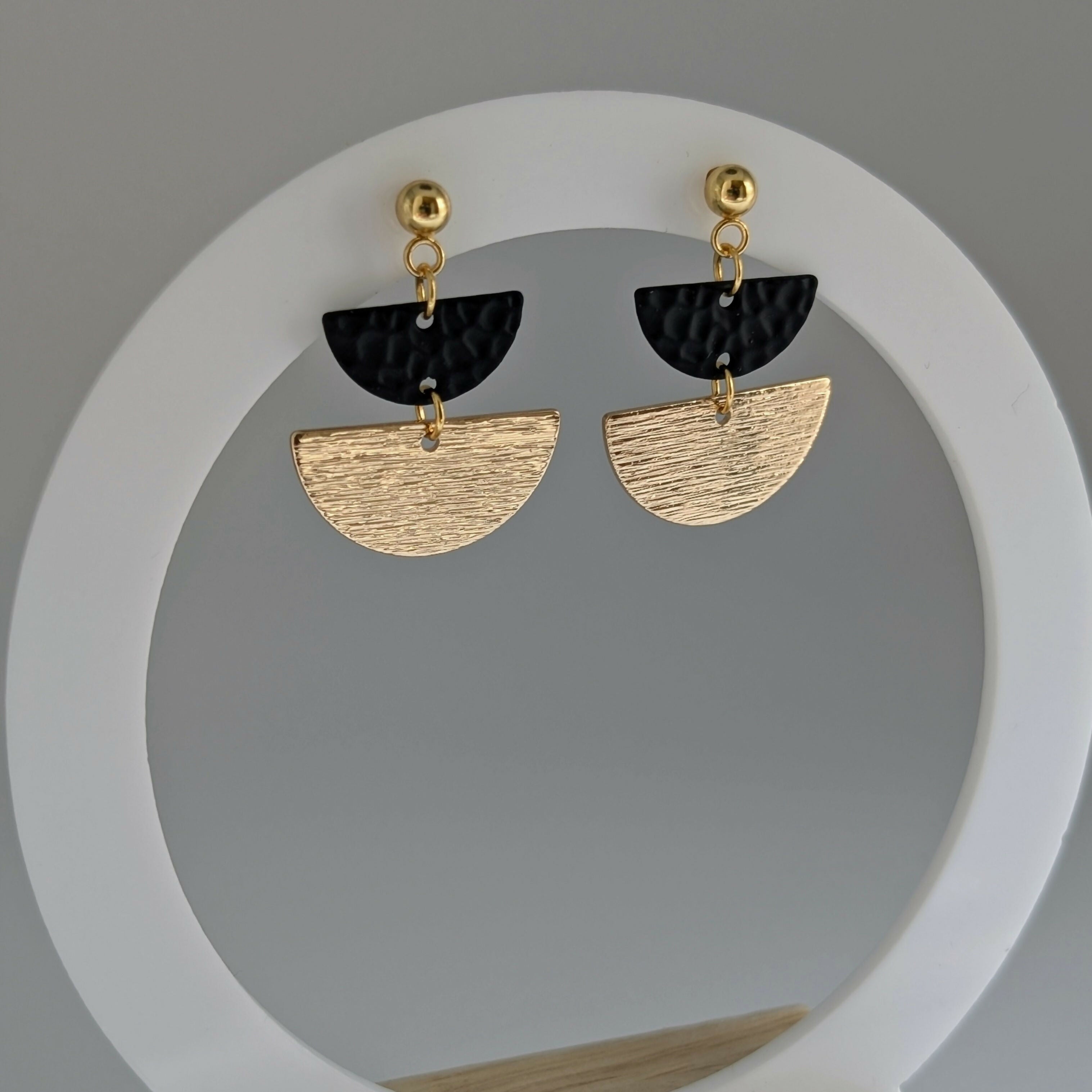 Geometric Black and Gold Half Moon Earrings on Gold Plated Ball Stud