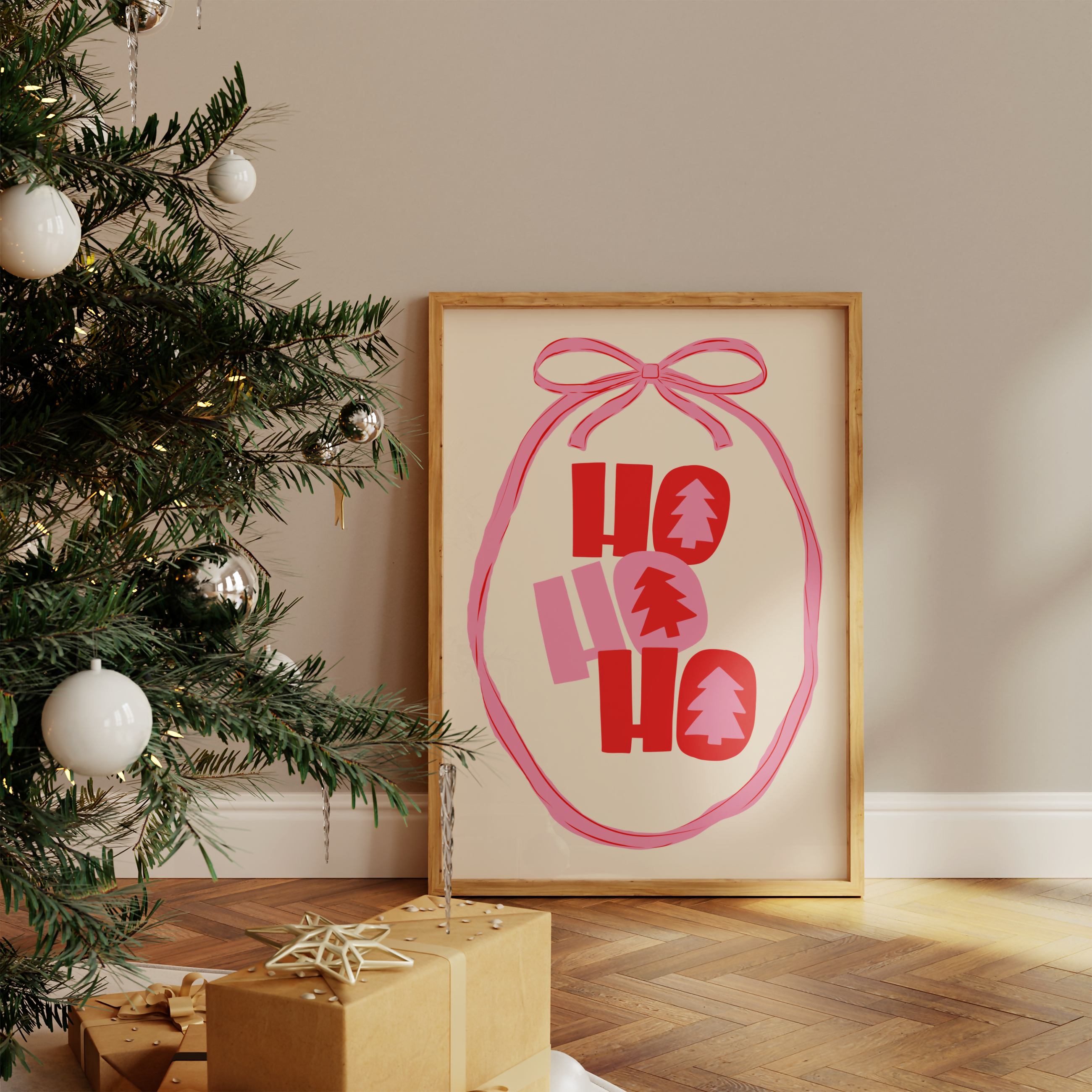 HO HO HO BOW CHRISTMAS WALL ART PRINT