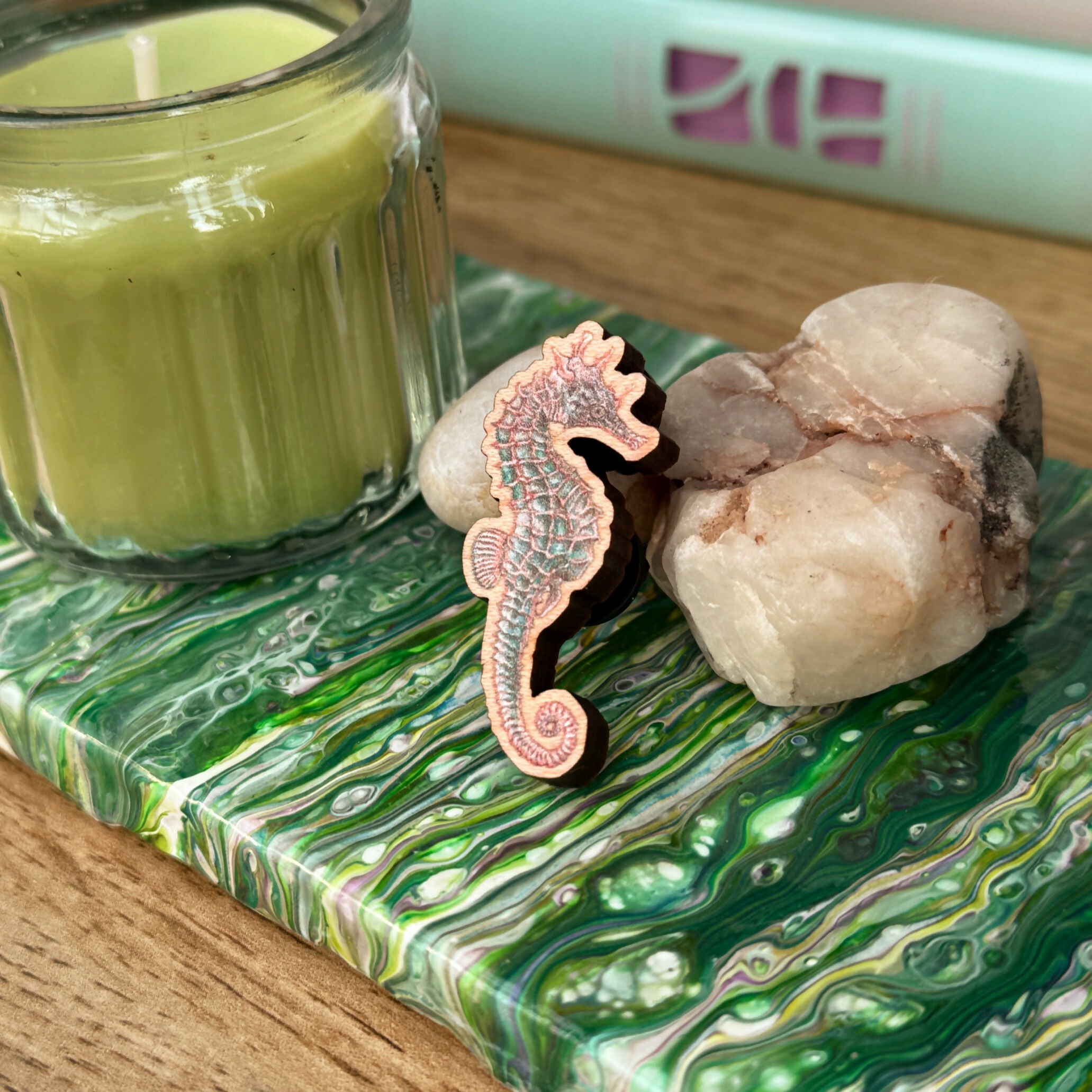 Seahorse - Pink and Teal - Wooden Pin