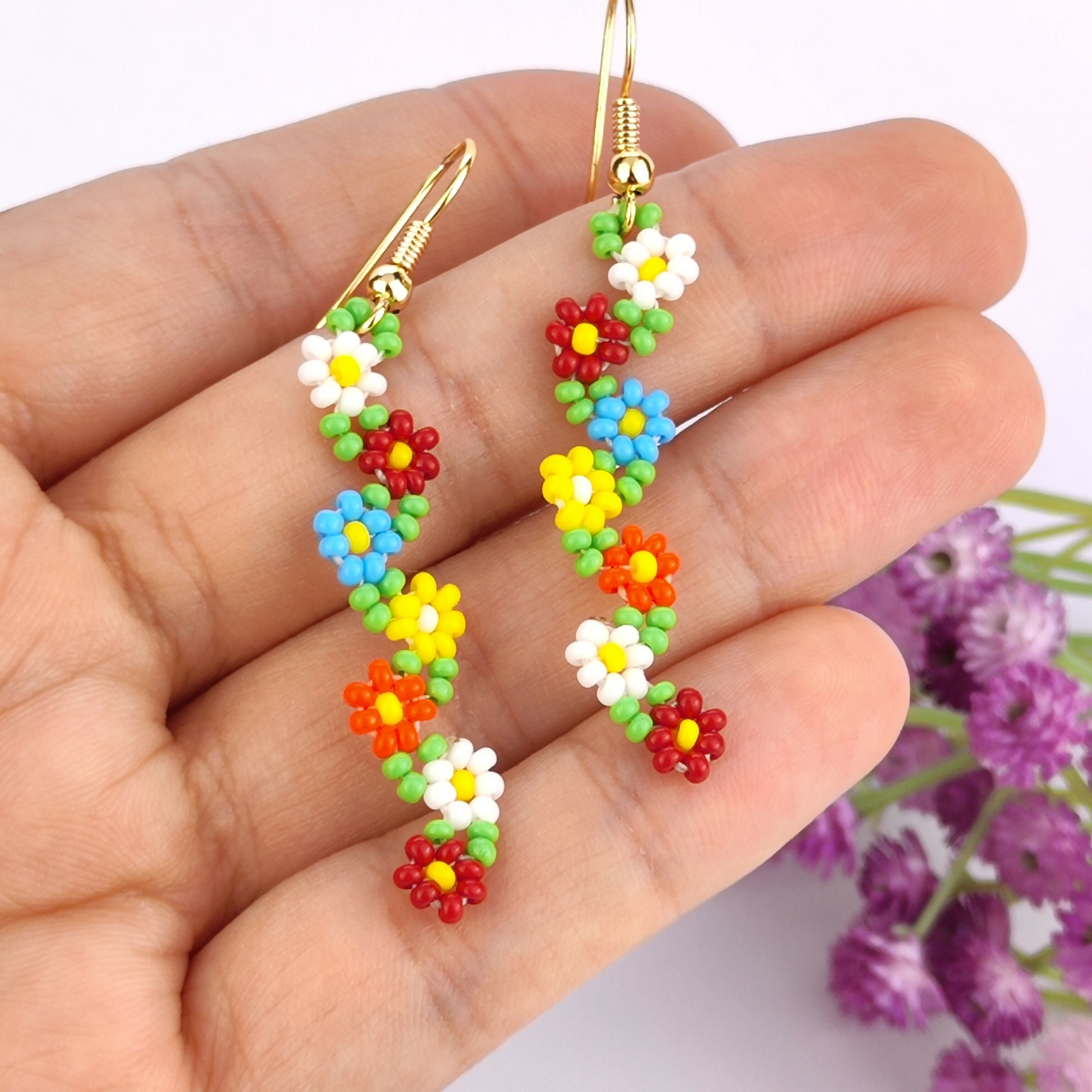 Handwoven Beaded Dangle Earrings - Floral