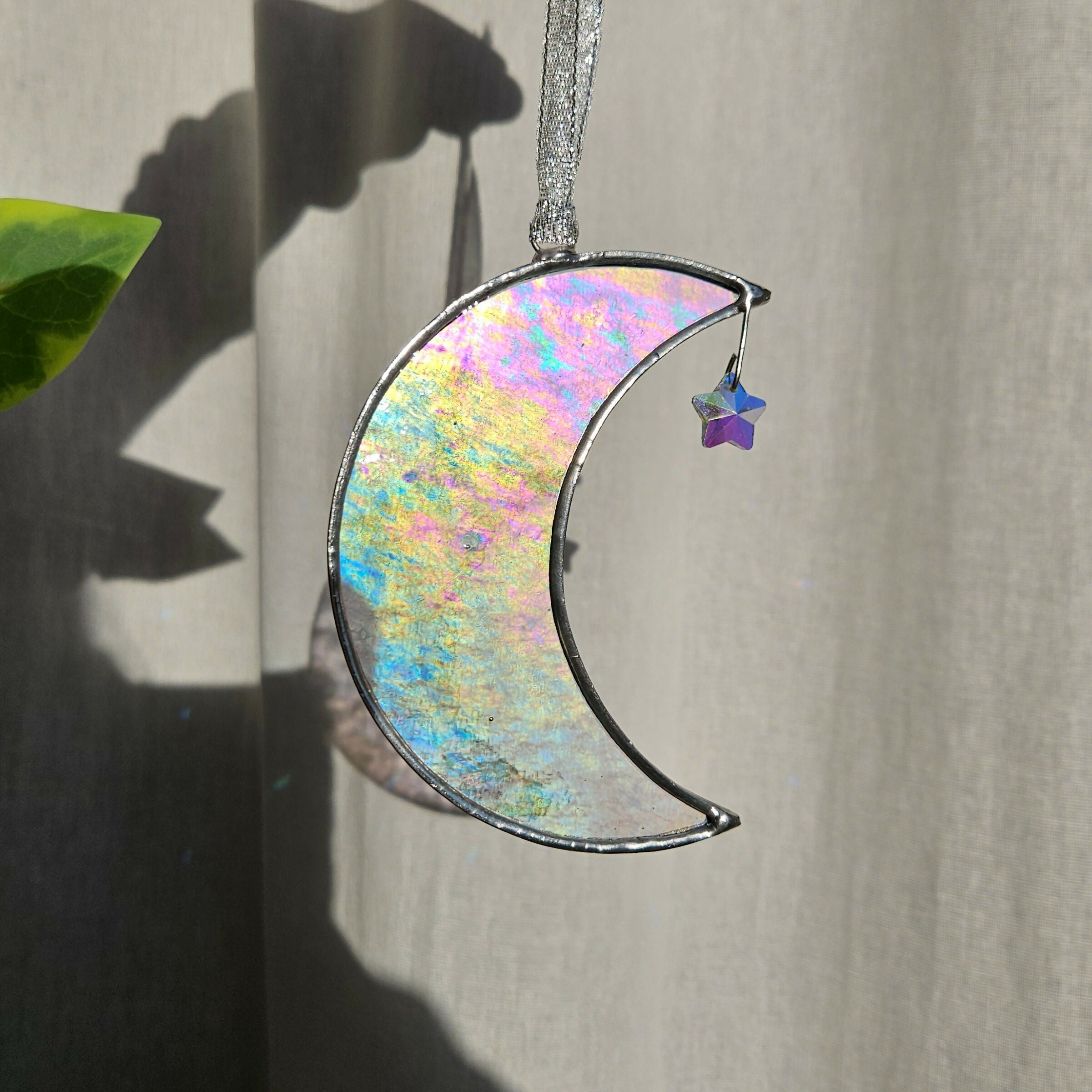 Clear Iridescent Crescent Moon Stained Glass Suncatcher