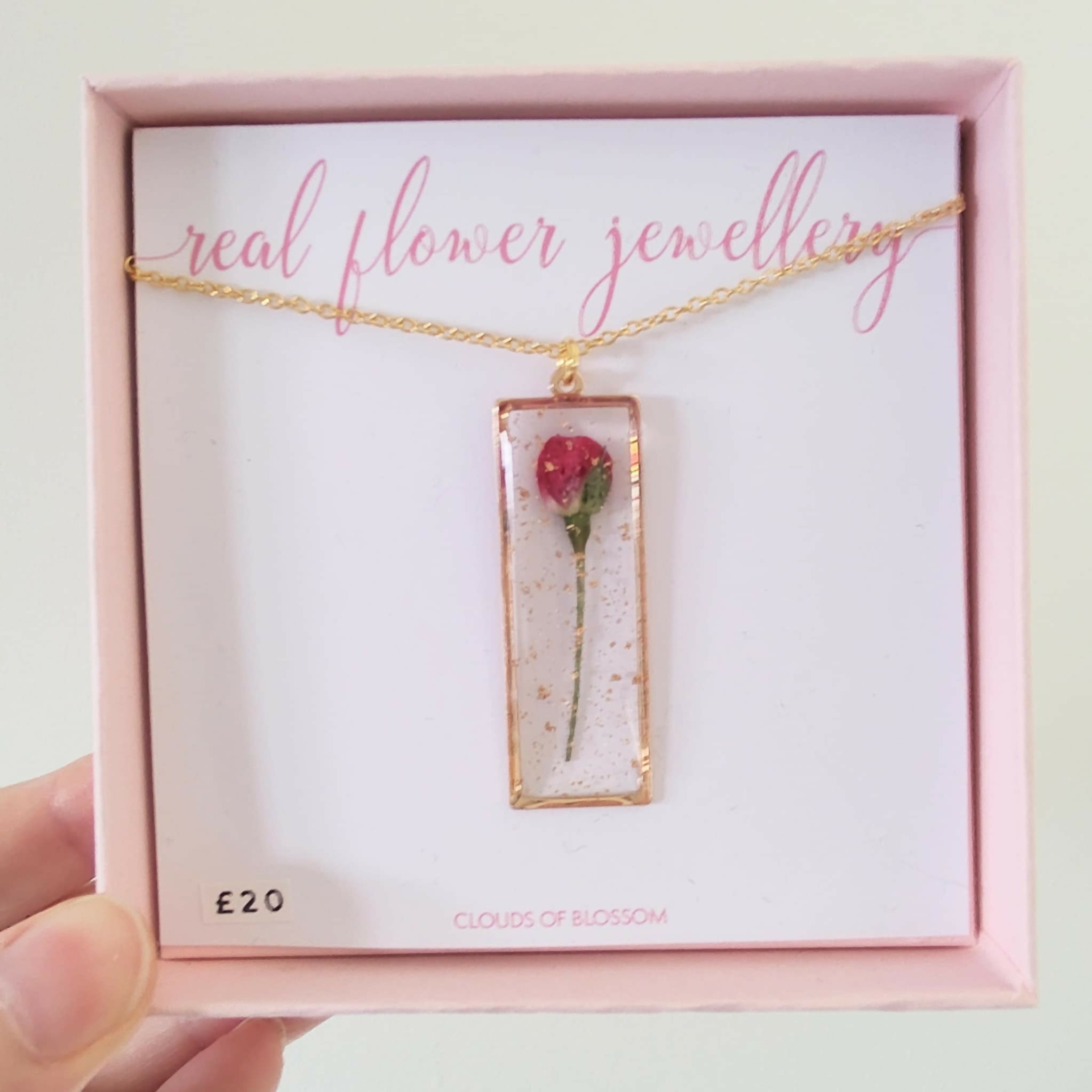 Pressed Rose Rectangle Necklace Gold Plated