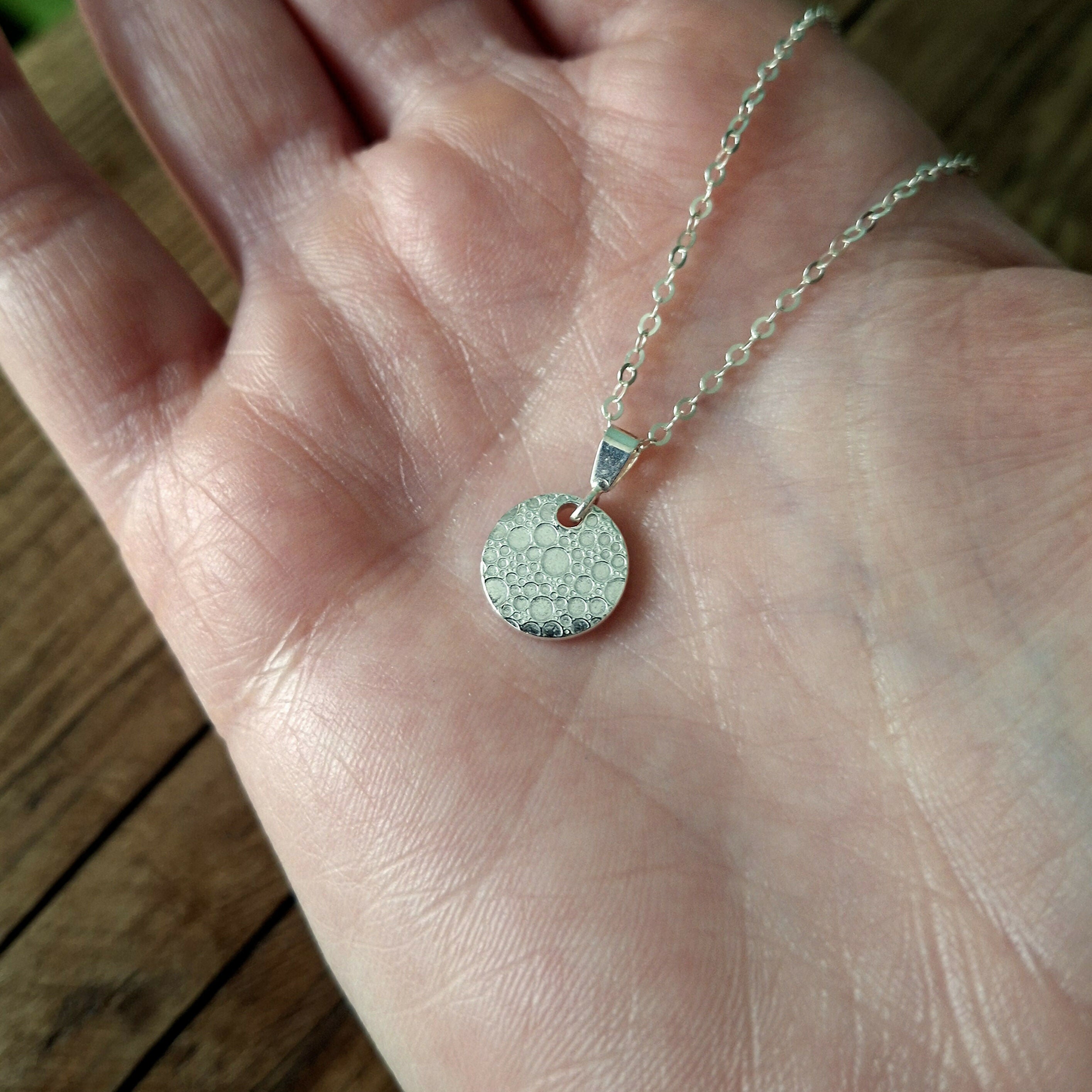 Handmade Round Silver Charm Necklace Bubble Texture