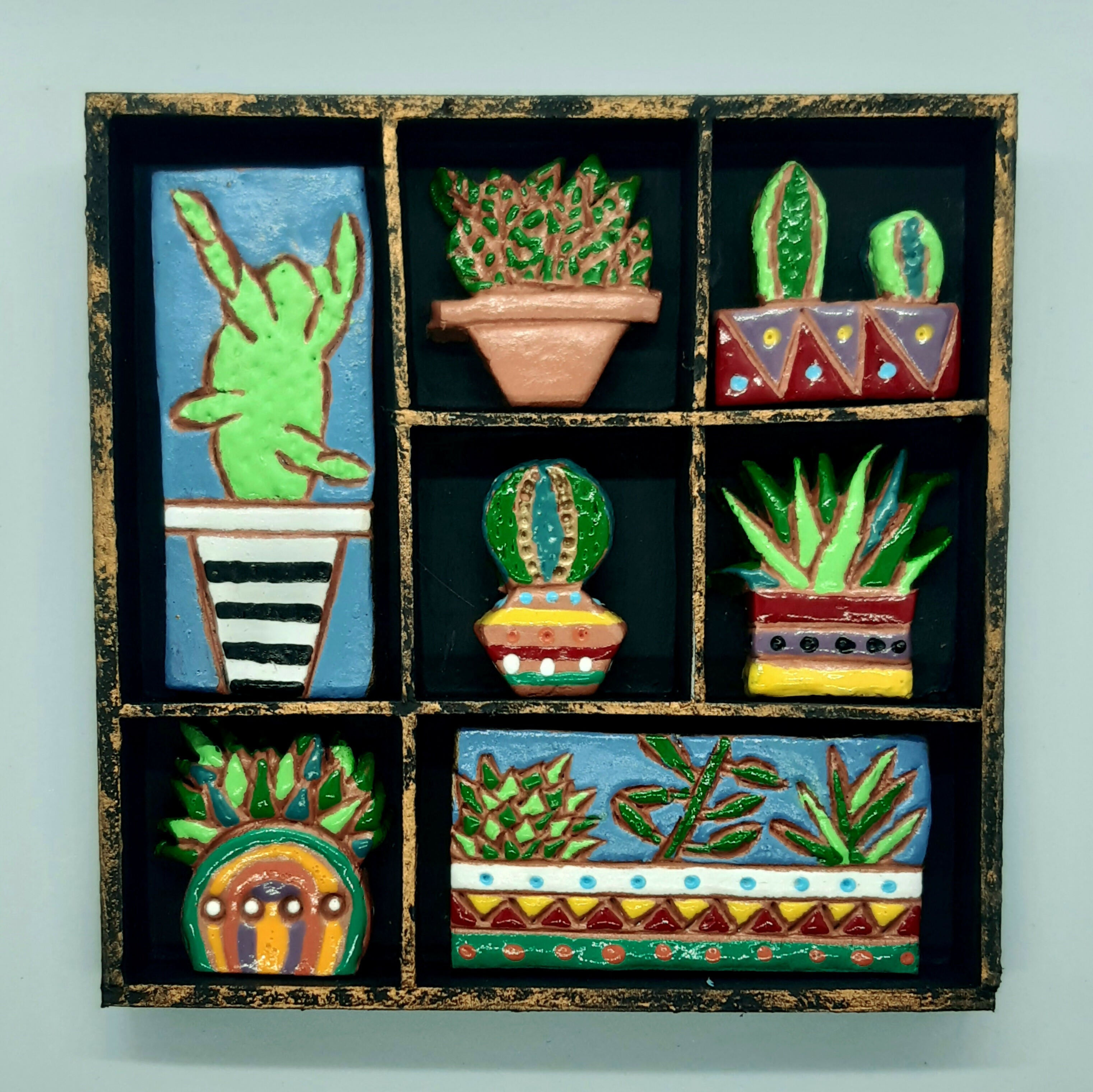 Clay Cacti, Succulent and Plant Small Wooden Black Painted Trinket Tray