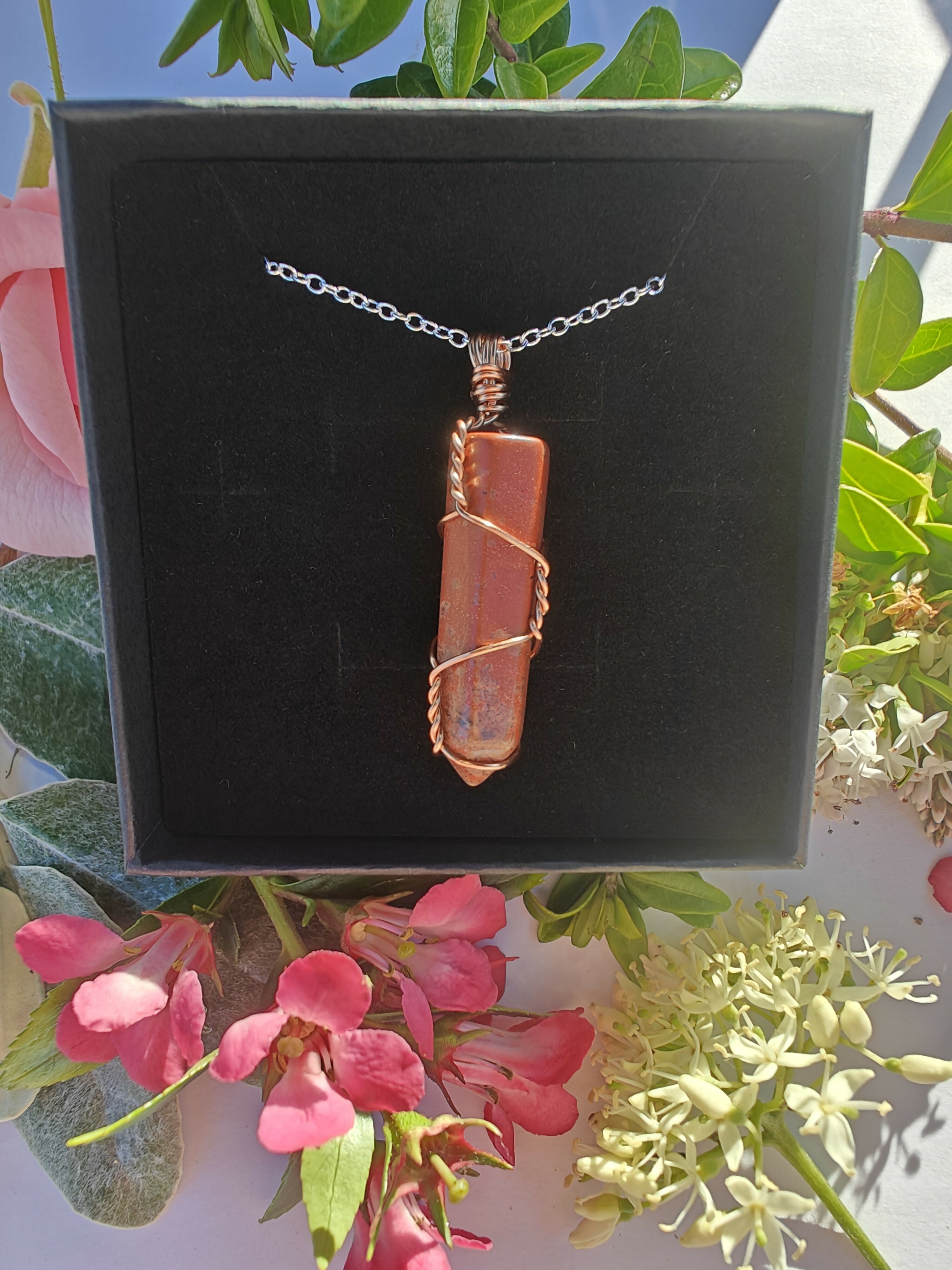 Red Jasper Wire Wrapped Crystal Point Necklace on Sterling Silver Chain