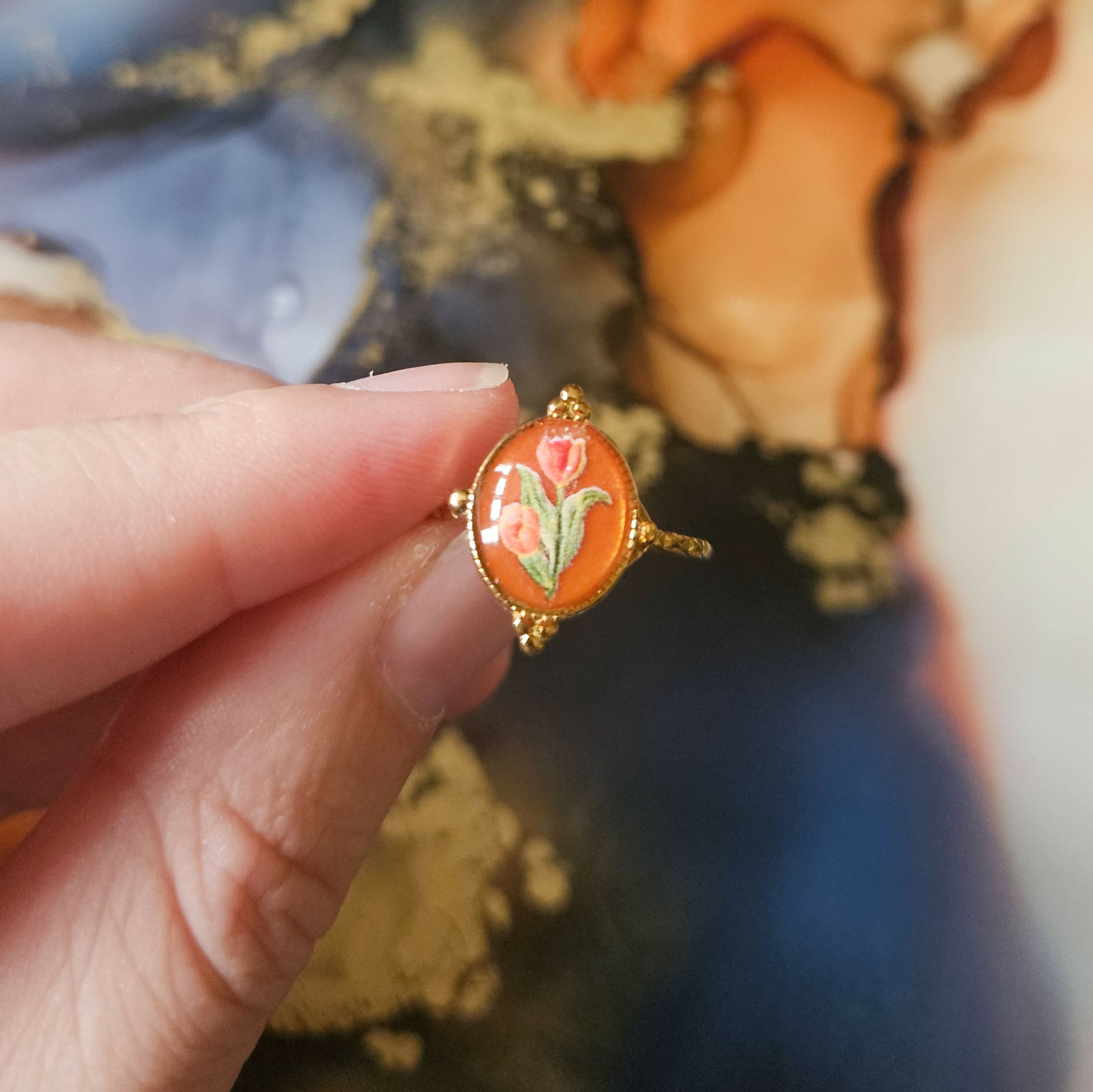 Handmade Orange Tulip Resin And Stainless Steel Adjustable Ring