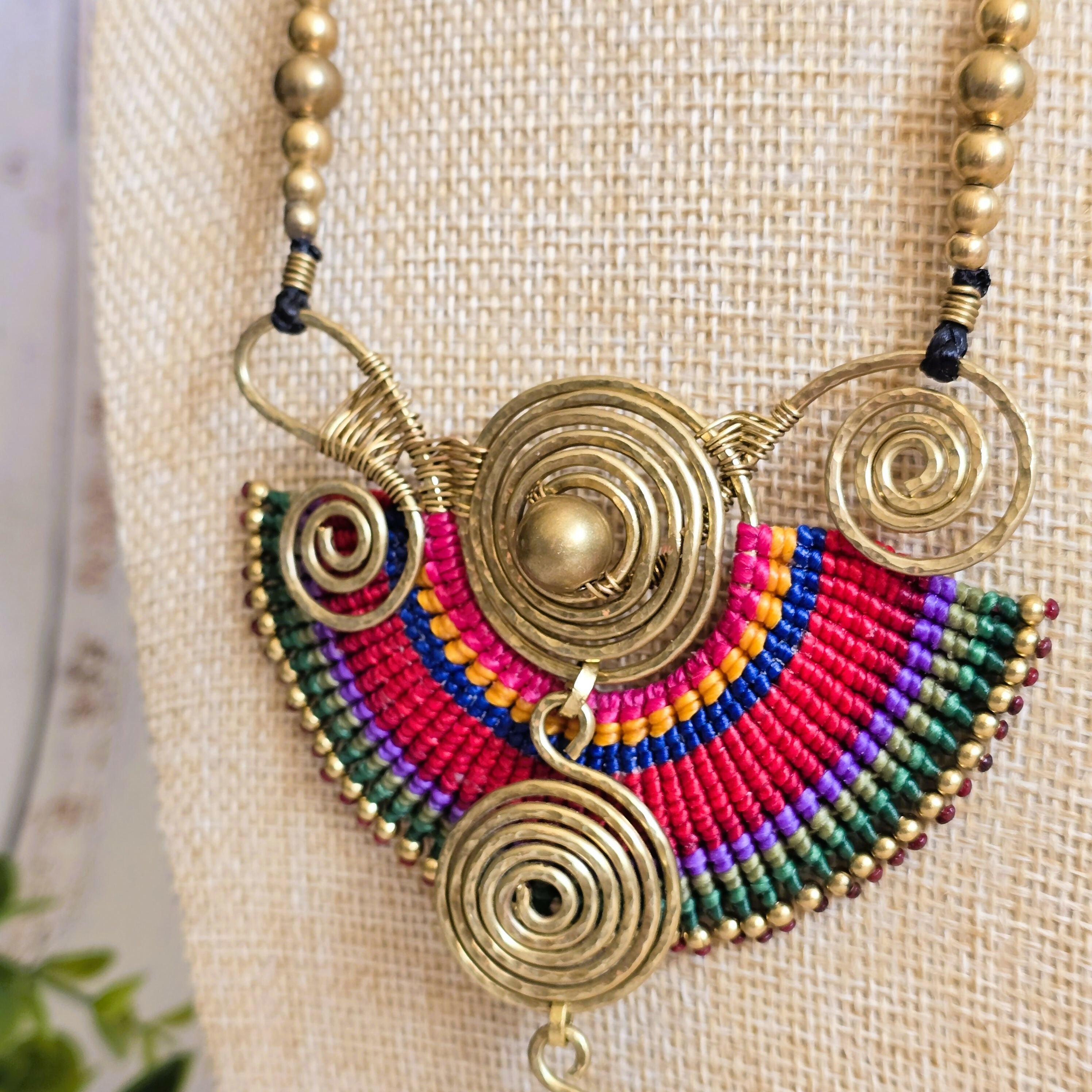 Sahara Necklace; Bold Rainbow Macramé Statement Pendant with Gold Spiral Wire Art